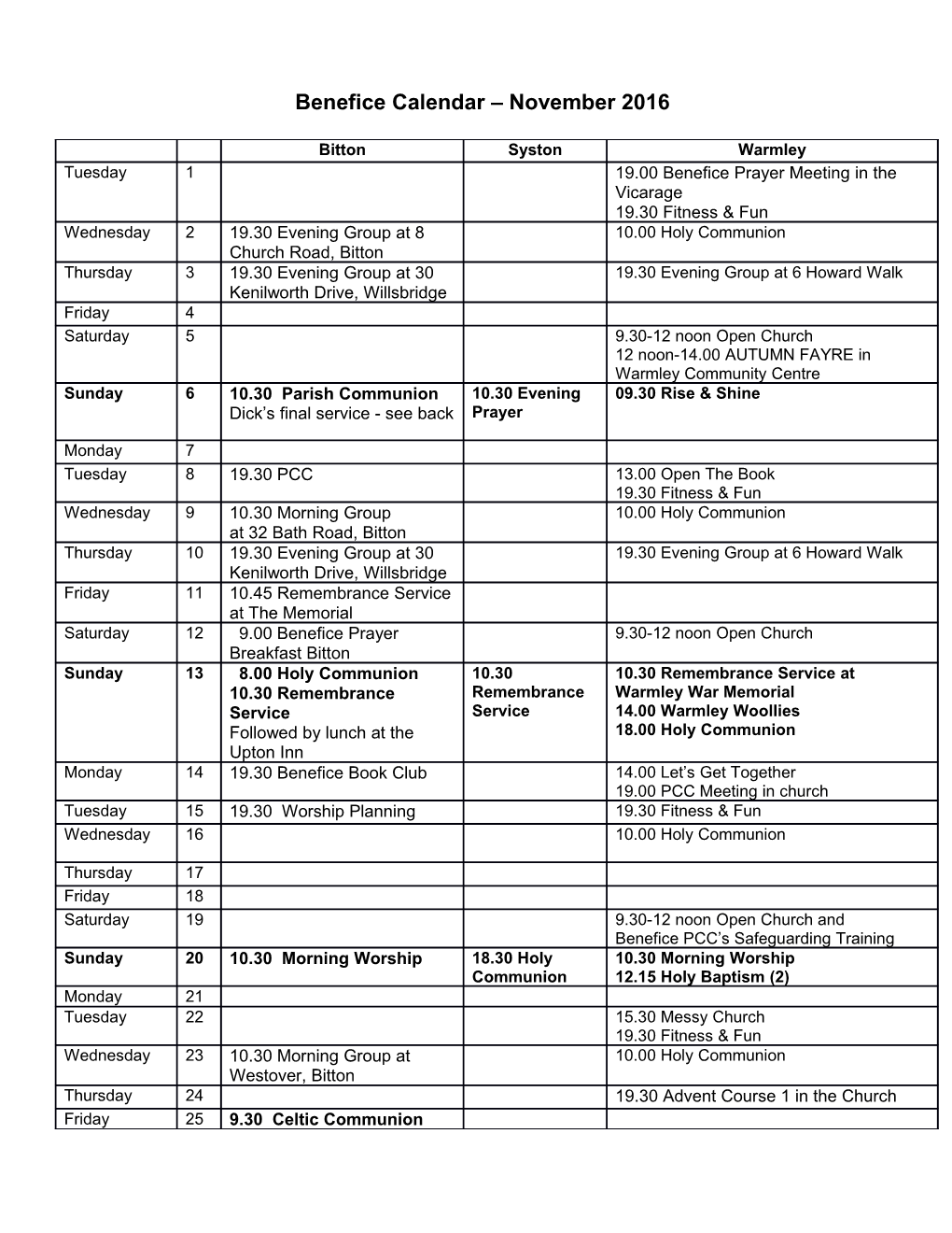 Benefice Calendar November 2016