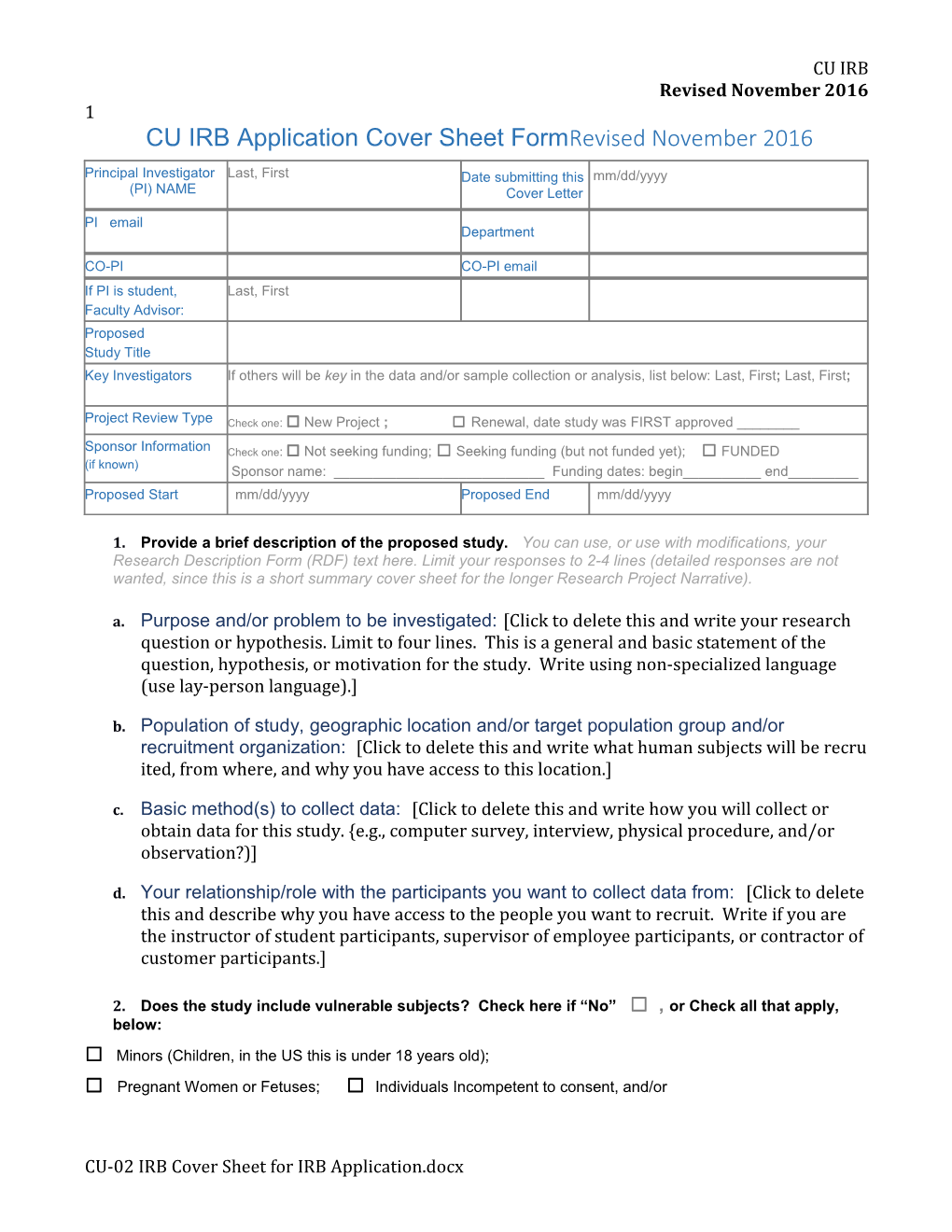 CU IRB Application Cover Sheet Form