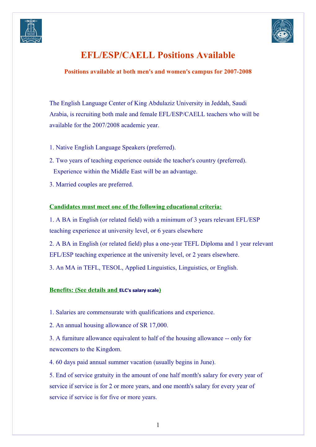 EFL/ESP/CAELL Positions Available