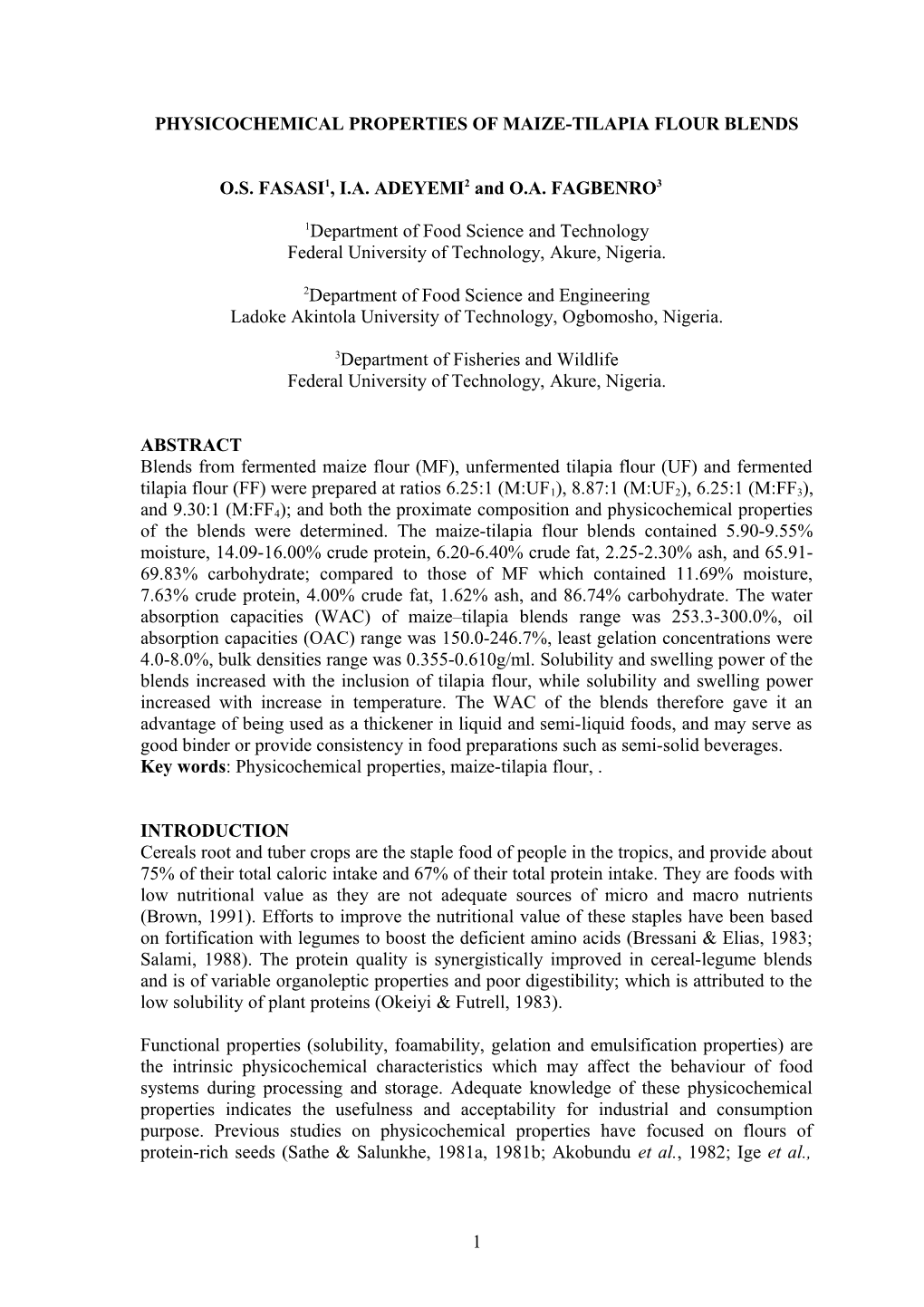 Physico Chemical Properties of Maize-Tilapia Flour Blends