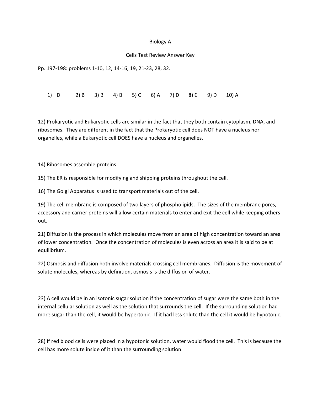 Cells Test Review Answer Key