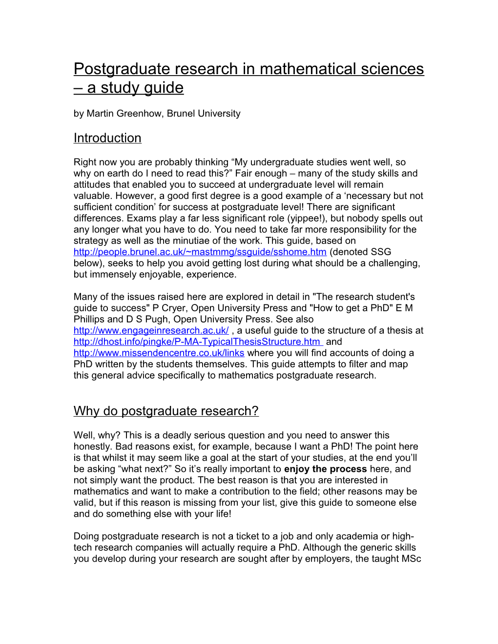 Postgraduate Research in Mathematical Sciences a Study Guide