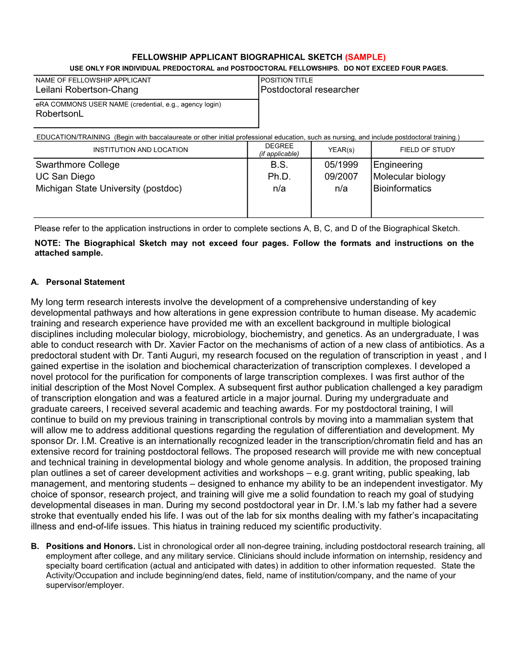 Applicant/Fellow Biographical Sketch Format Page