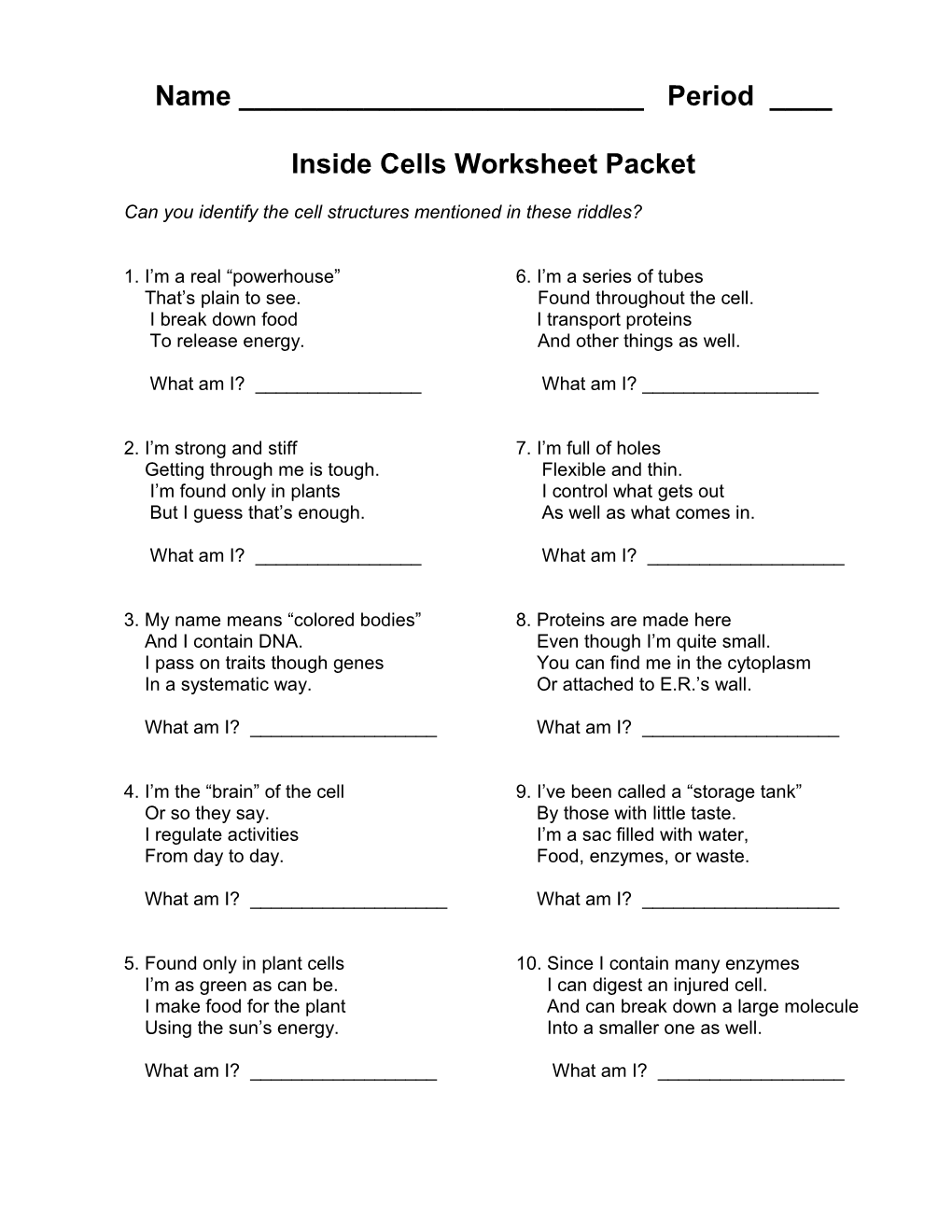 Inside Cells Worksheet Packet