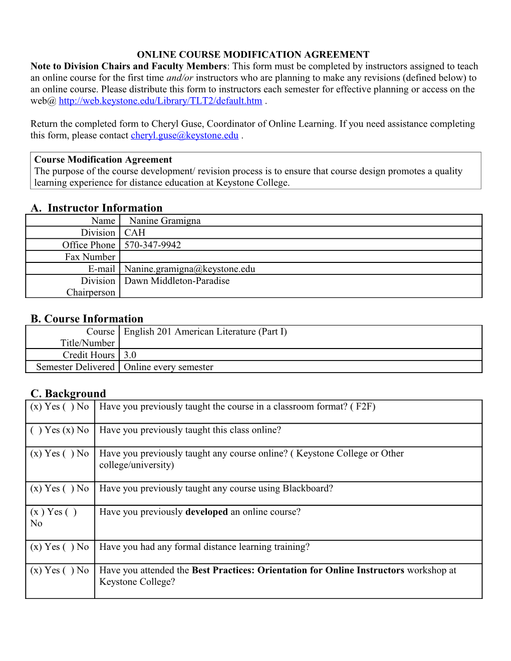 Course Modification Agreement