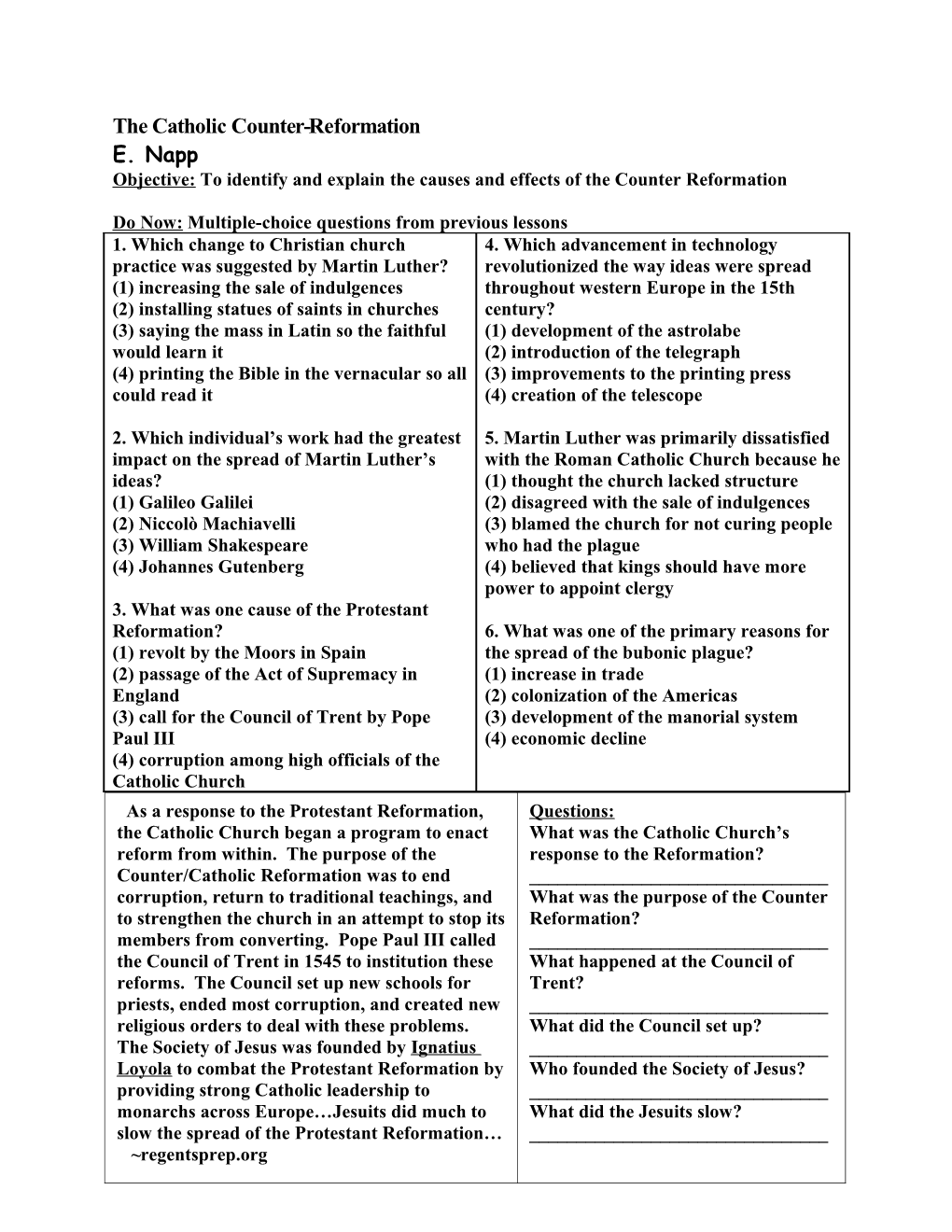 Objective: to Identify and Explain the Causes and Effects of the Counter Reformation