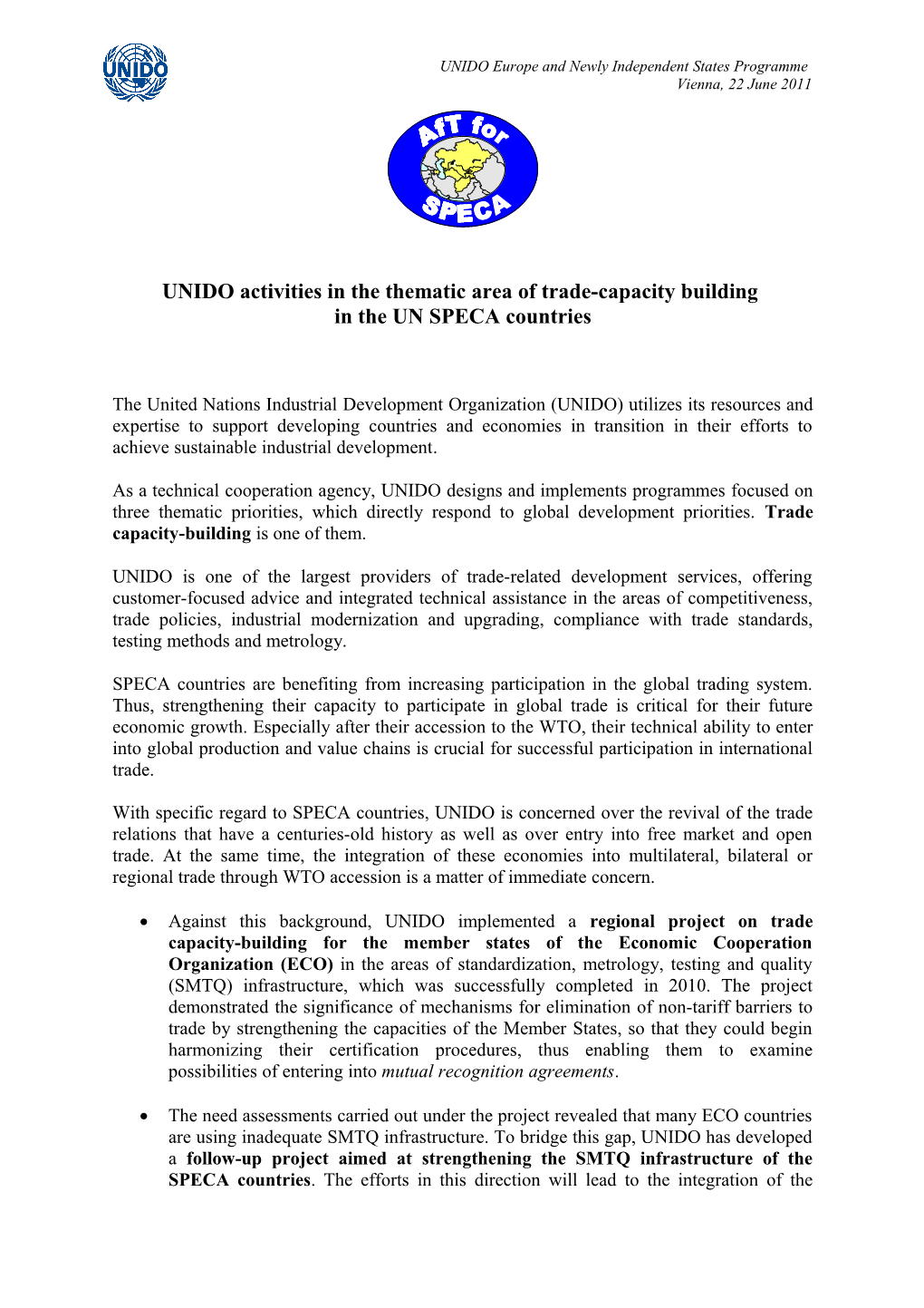 UNIDO Activities in the Thematic Area of Trade-Capacity Building