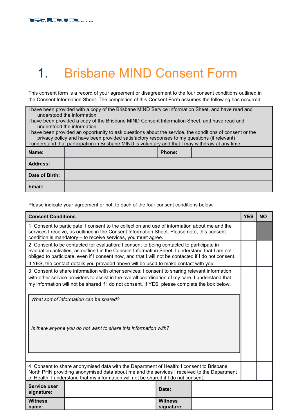 Brisbane MIND Consent Form