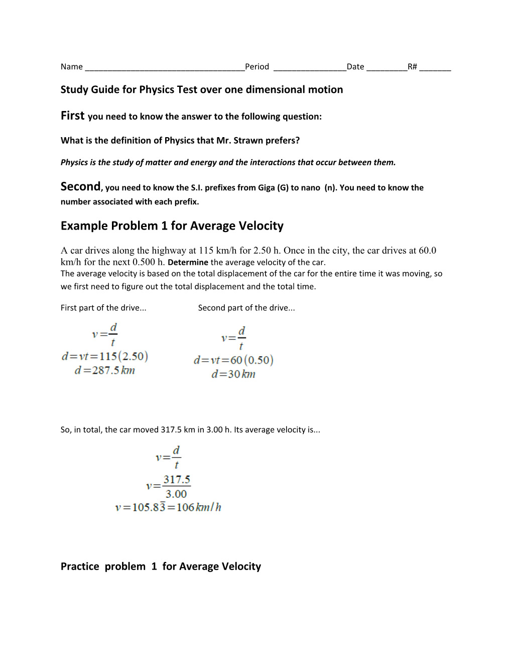 Study Guide for Physics Test Over One Dimensional Motion