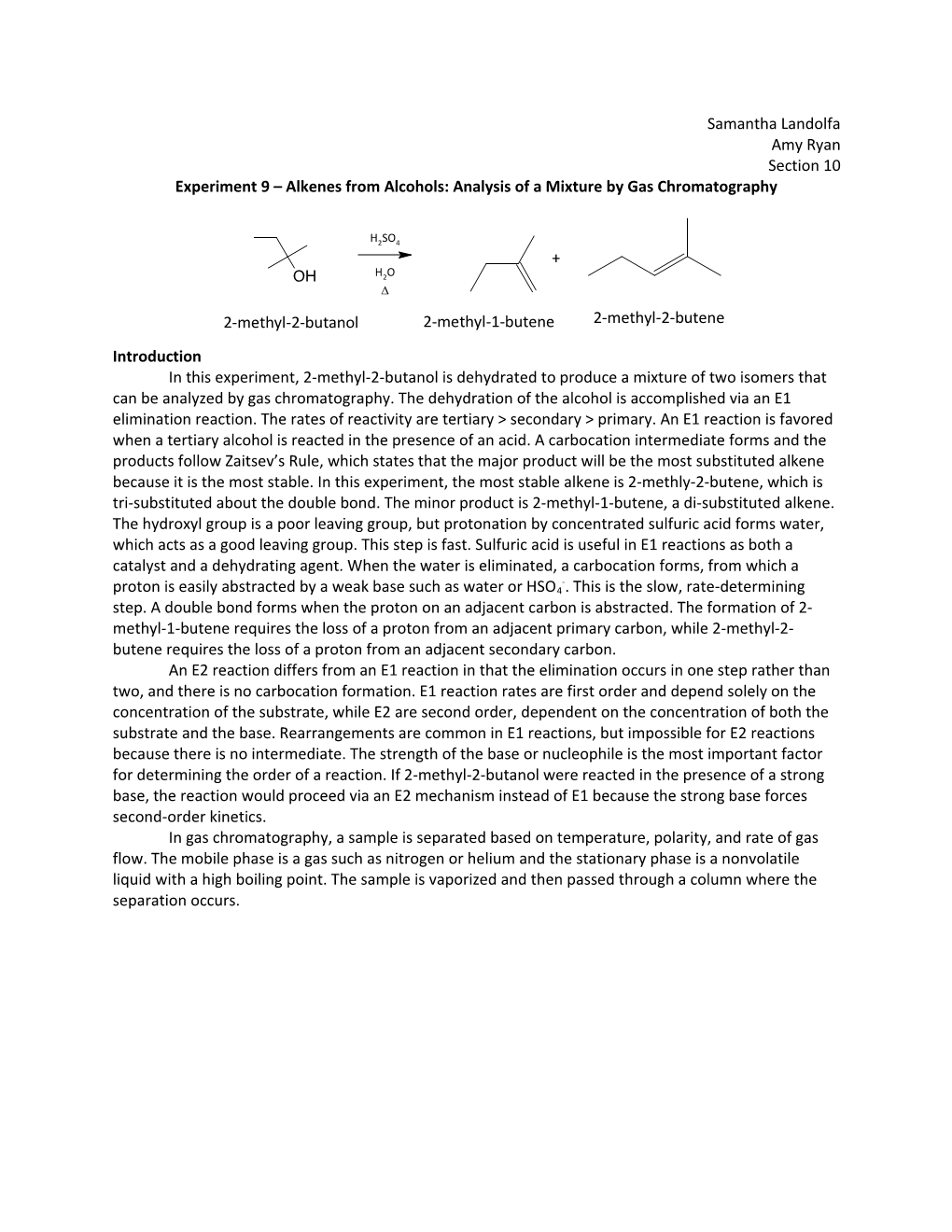 Experiment 9 Alkenes from Alcohols: Analysis of a Mixture by Gas Chromatography