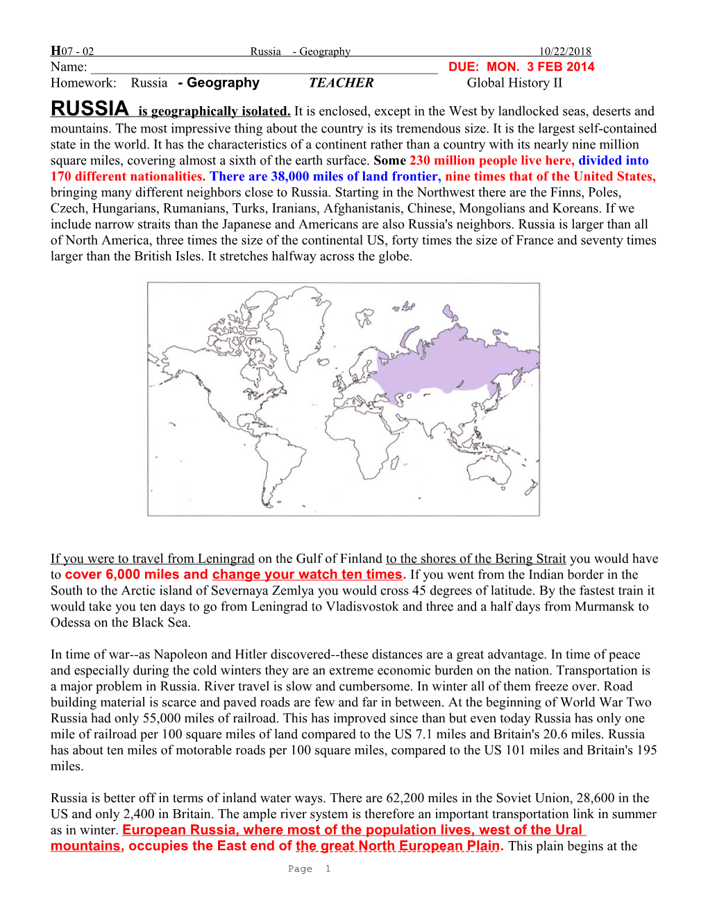 Homework: Russia - Geography TEACHER Global History II