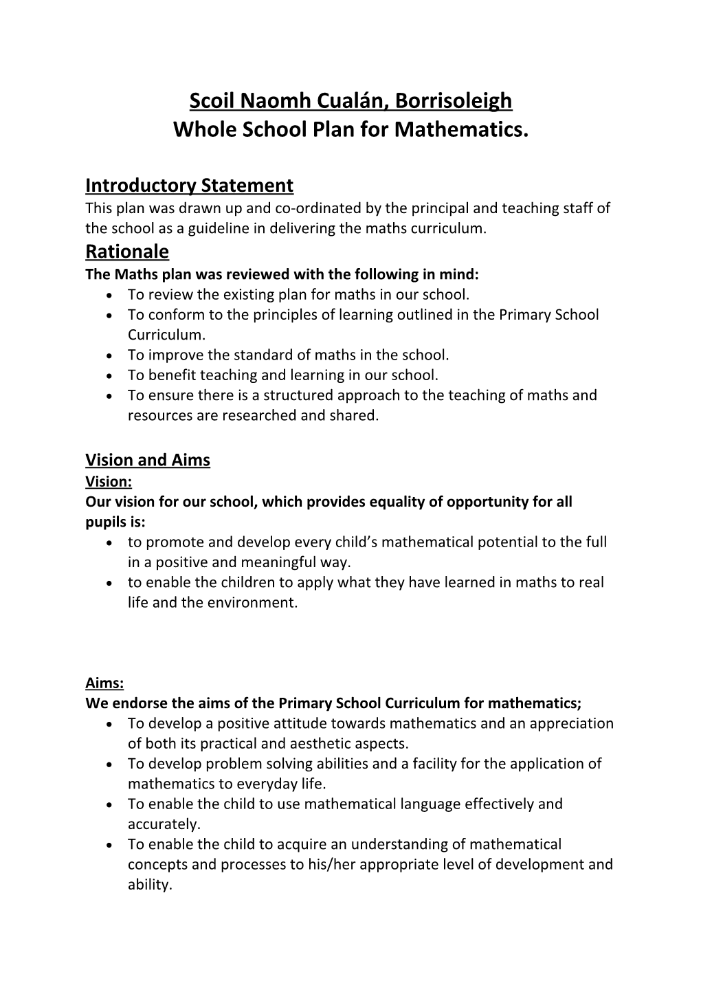 Whole School Plan for Mathematics