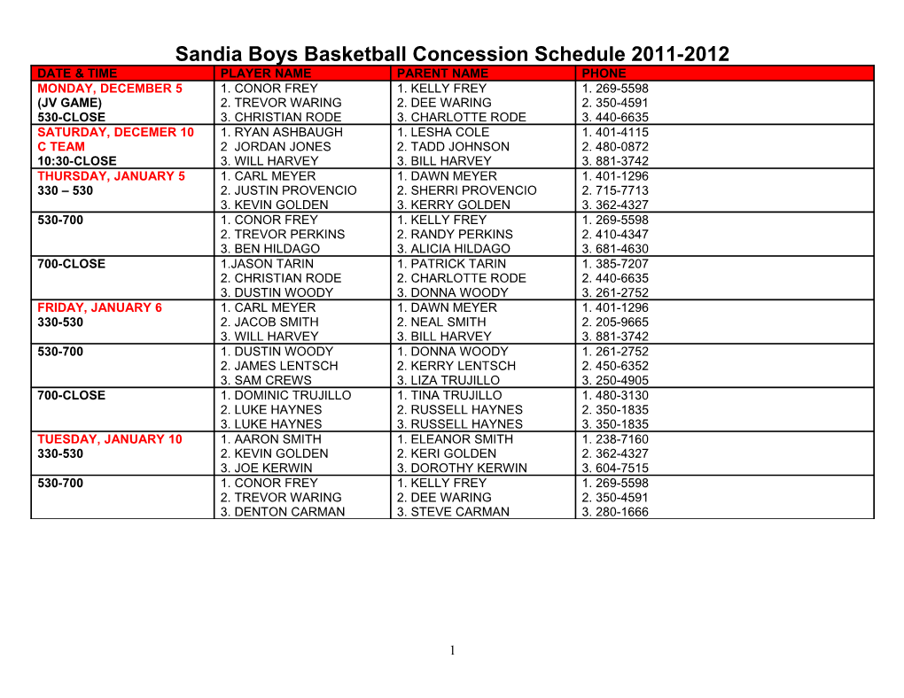 Sandia Boys Basketball Concession Schedule2011-2012