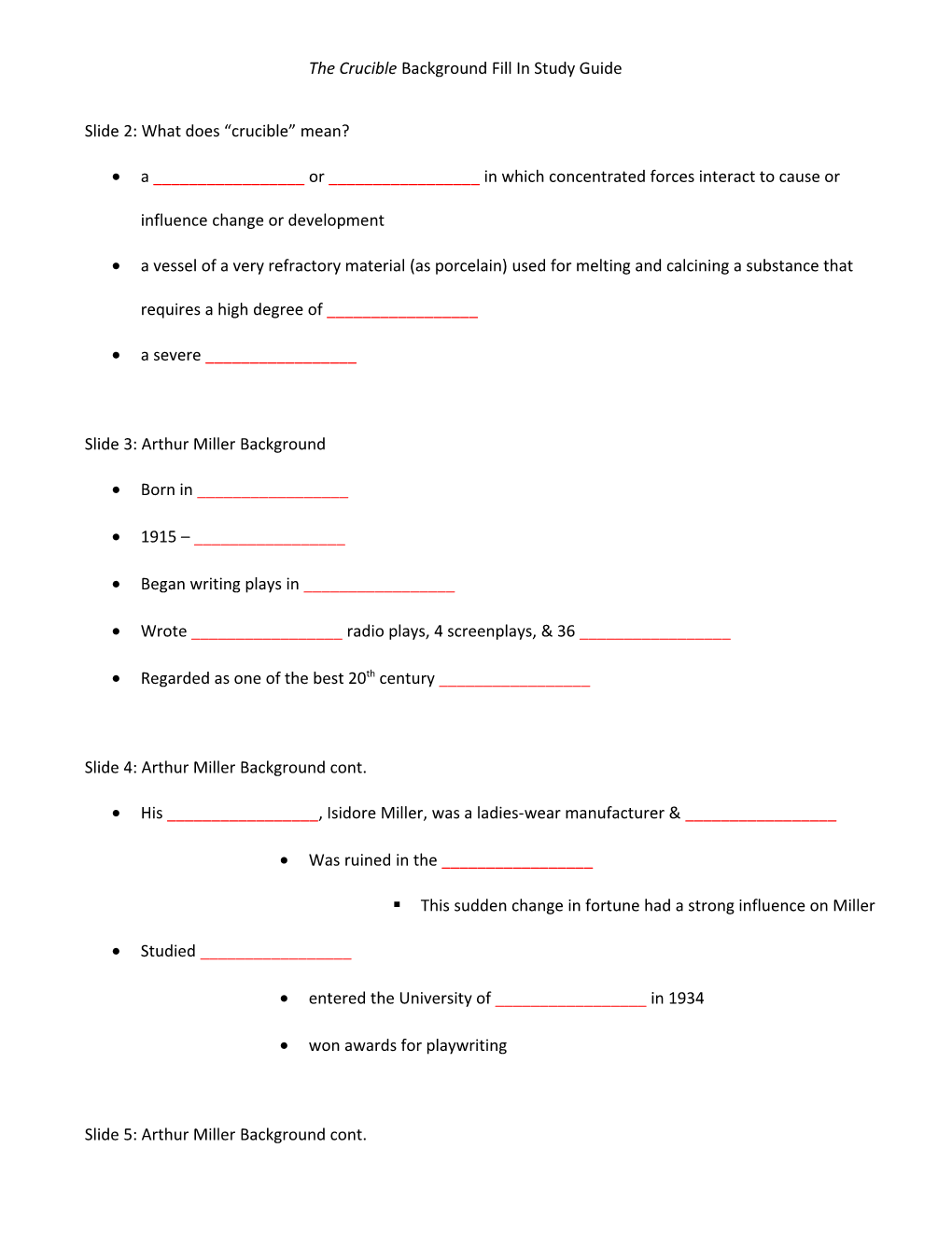 The Cruciblebackground Fill in Study Guide