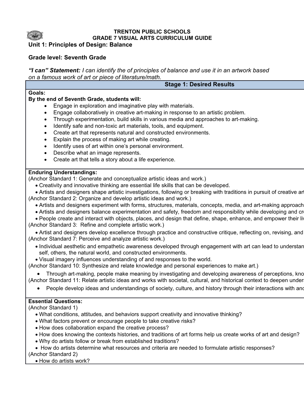 Grade 7 Visual Arts Curriculum Guide