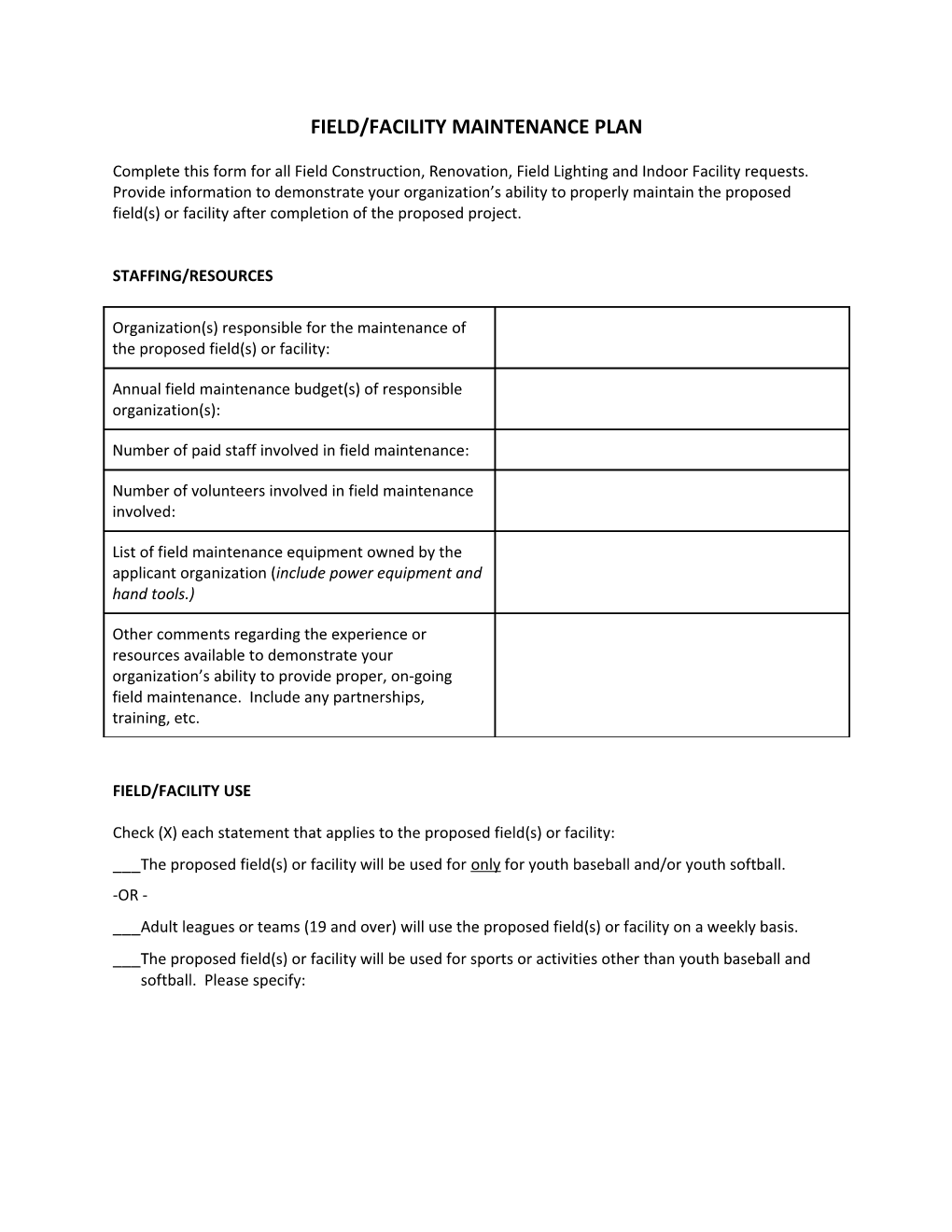 Field/Facility Maintenance Plan