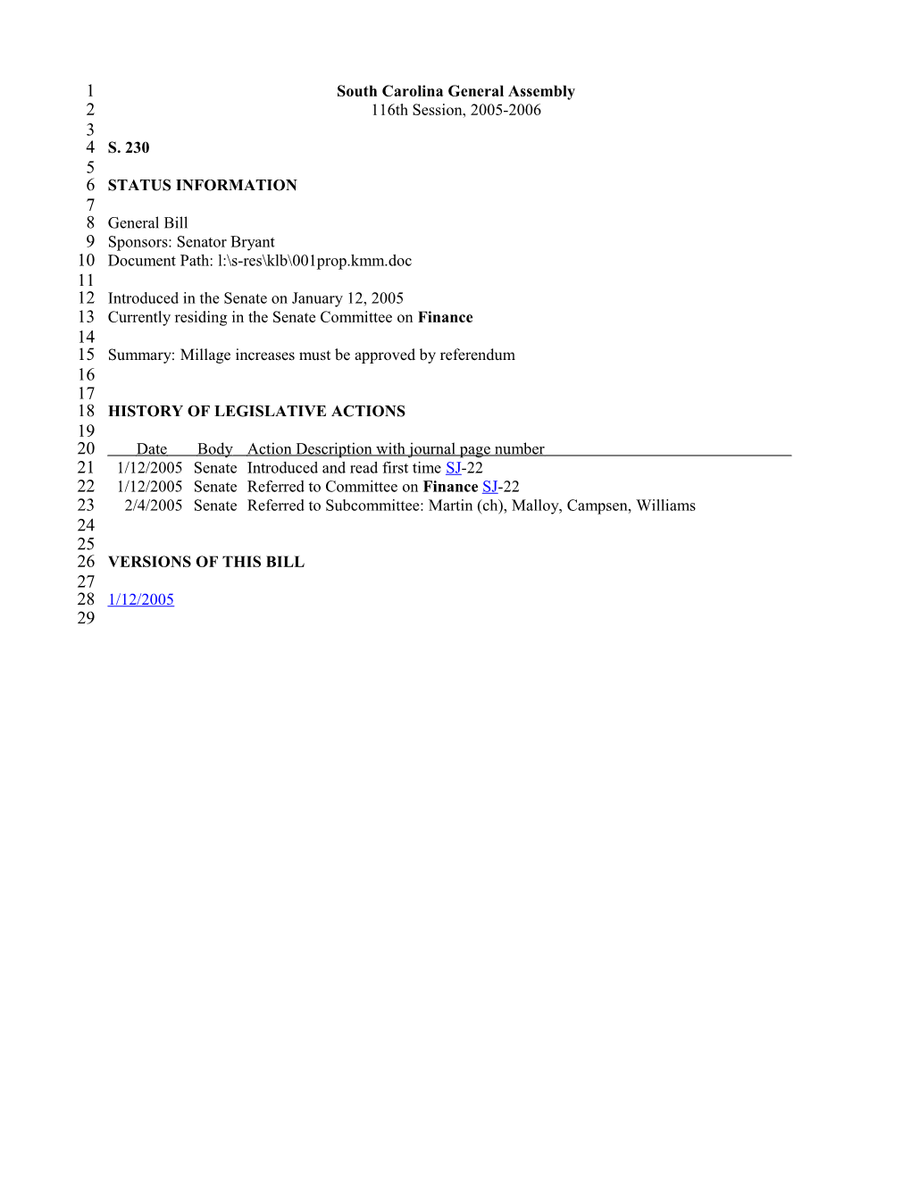 2005-2006 Bill 230: Millage Increases Must Be Approved by Referendum - South Carolina