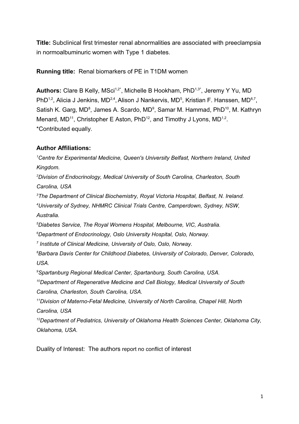 Running Title: Renal Biomarkers of PE in T1DM Women