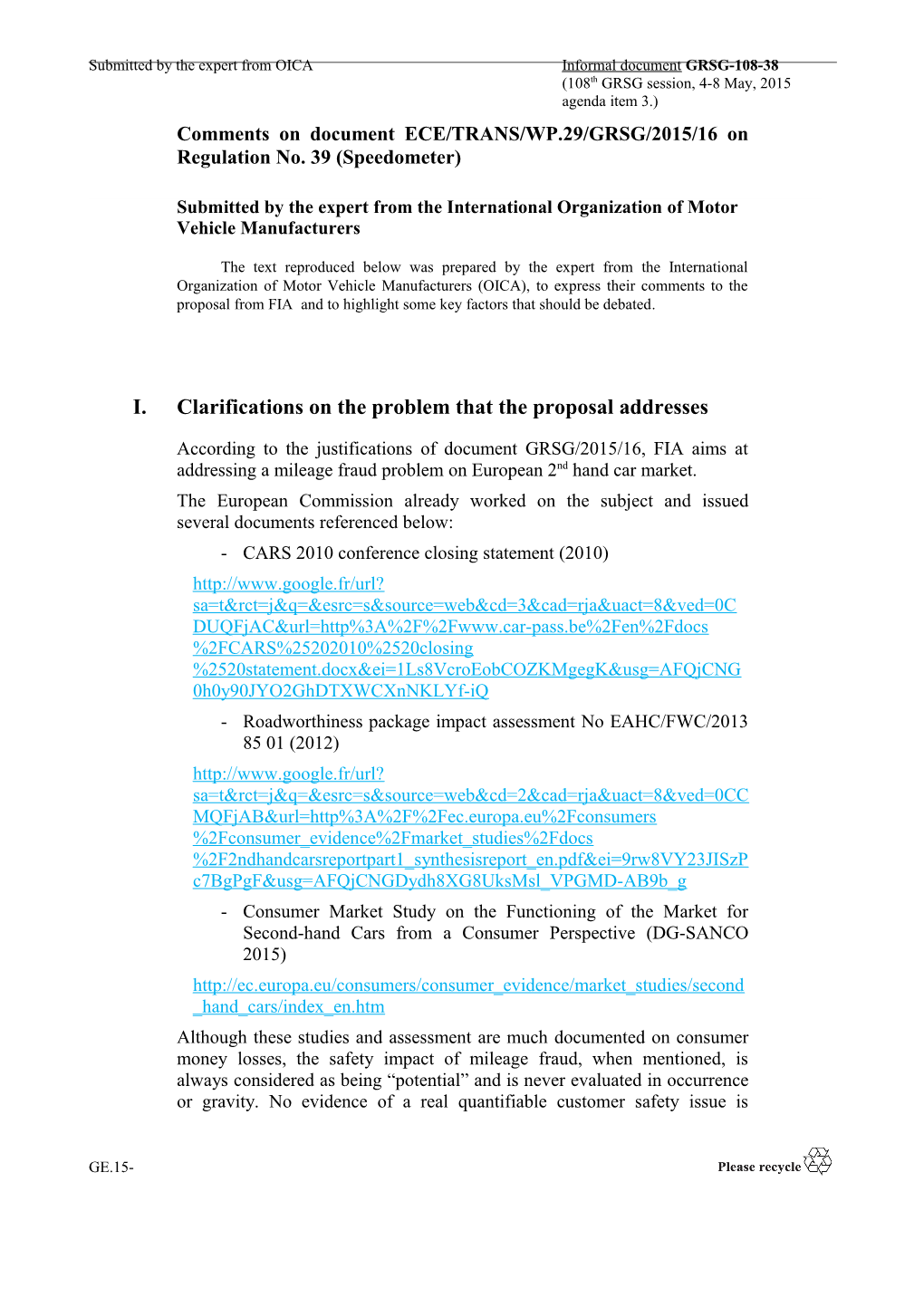 Comments on Document ECE/TRANS/WP.29/GRSG/2015/16 on Regulation No. 39 (Speedometer)