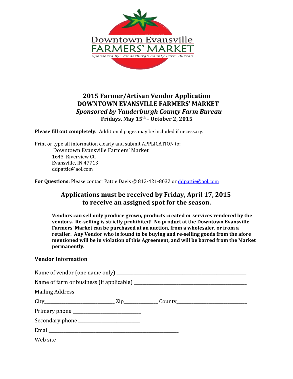 2012 Farm/Artisan Vendor Application