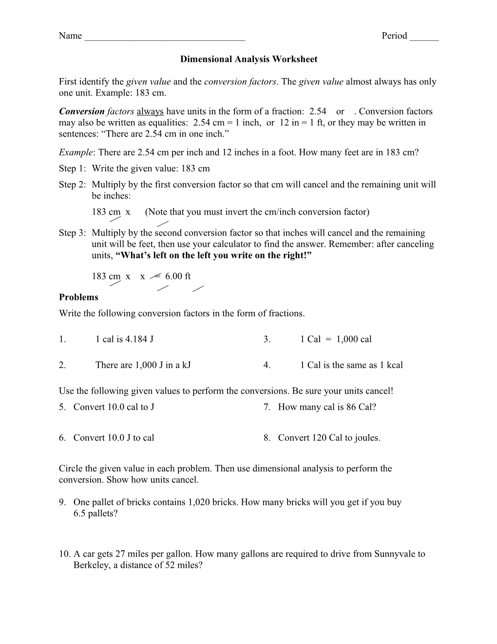 Dimensional Analysis Worksheet