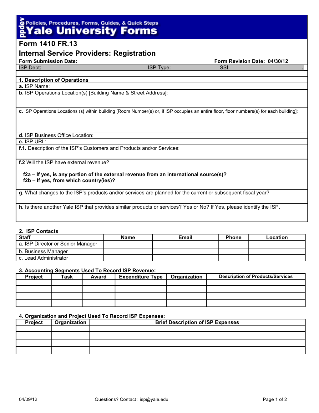 Form 1410 FR.13 Internal Service Provider Registration