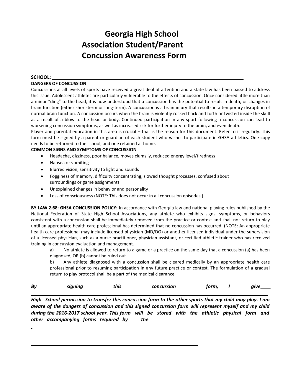 Georgia High School Association Student/Parent Concussion Awareness Form