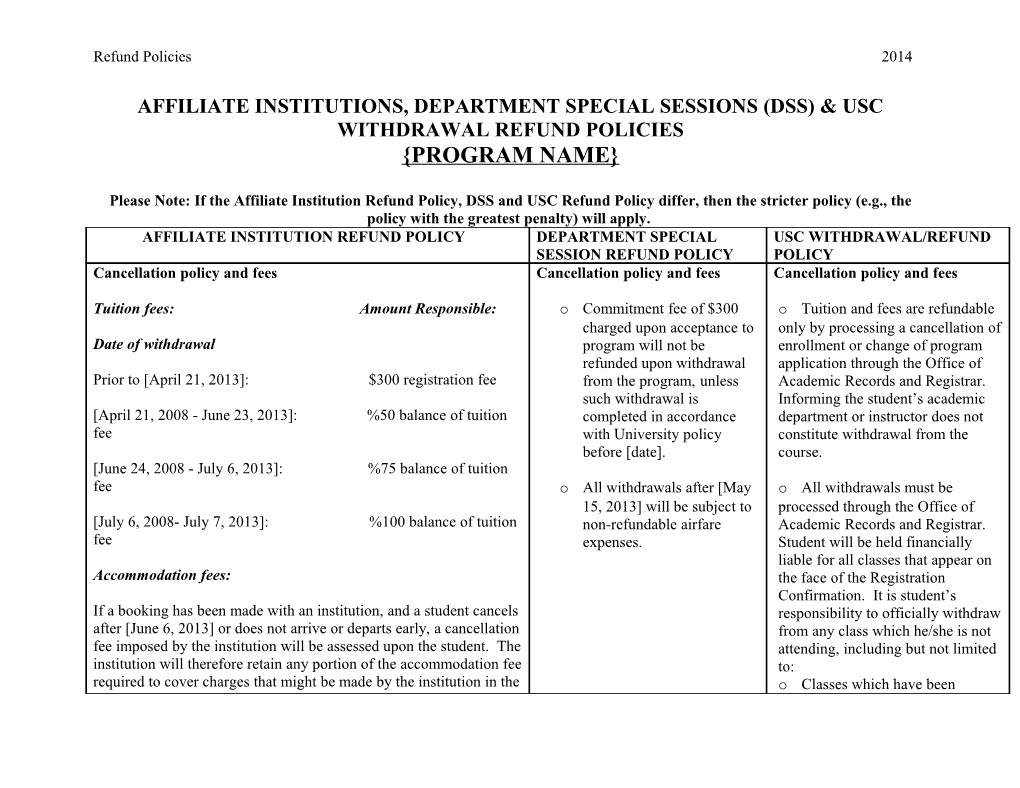 Affiliateinstitutions, Department Special Sessions (Dss) & Usc Withdrawal Refund Policies