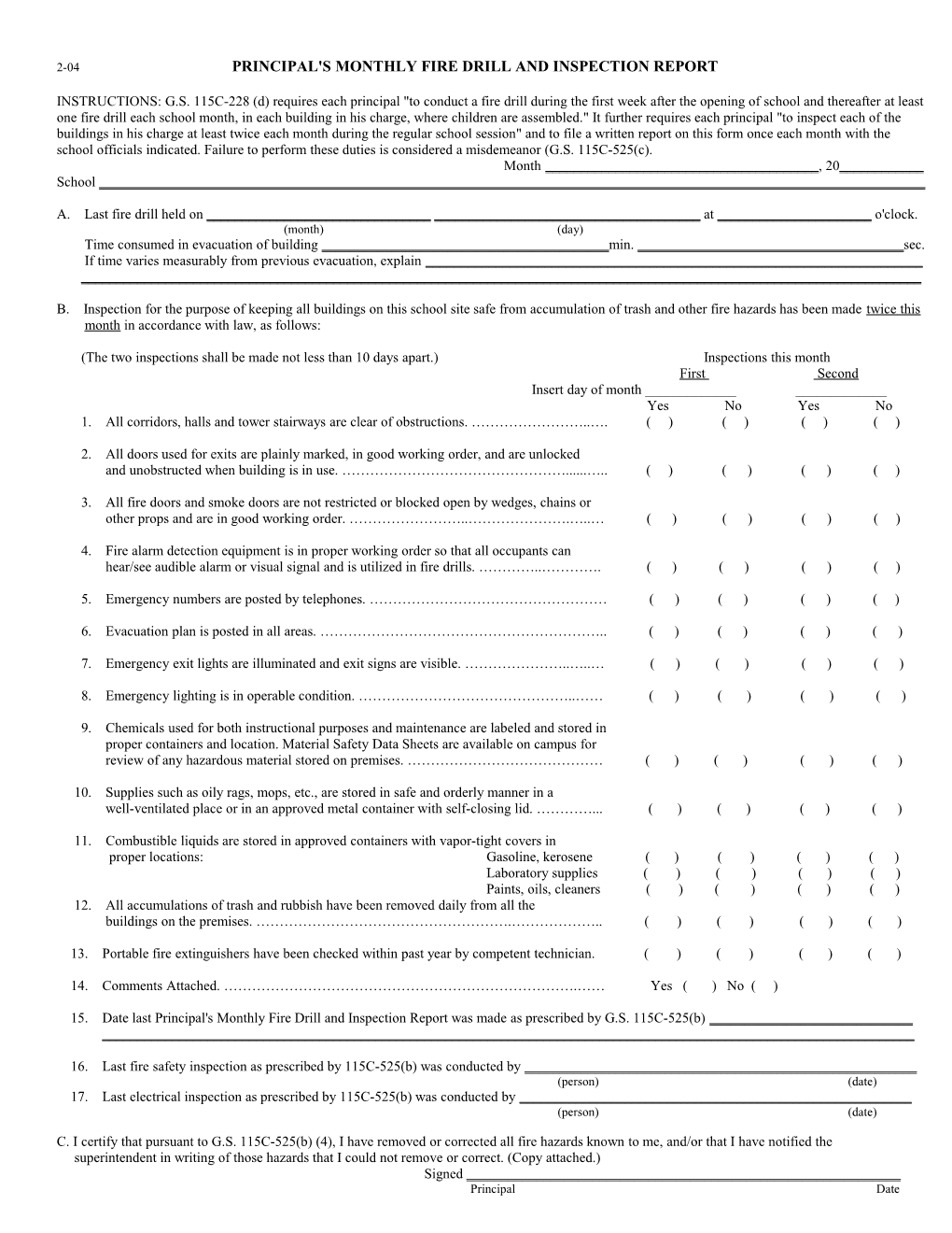 2-04 Principal's Monthly Fire Drill and Inspection Report