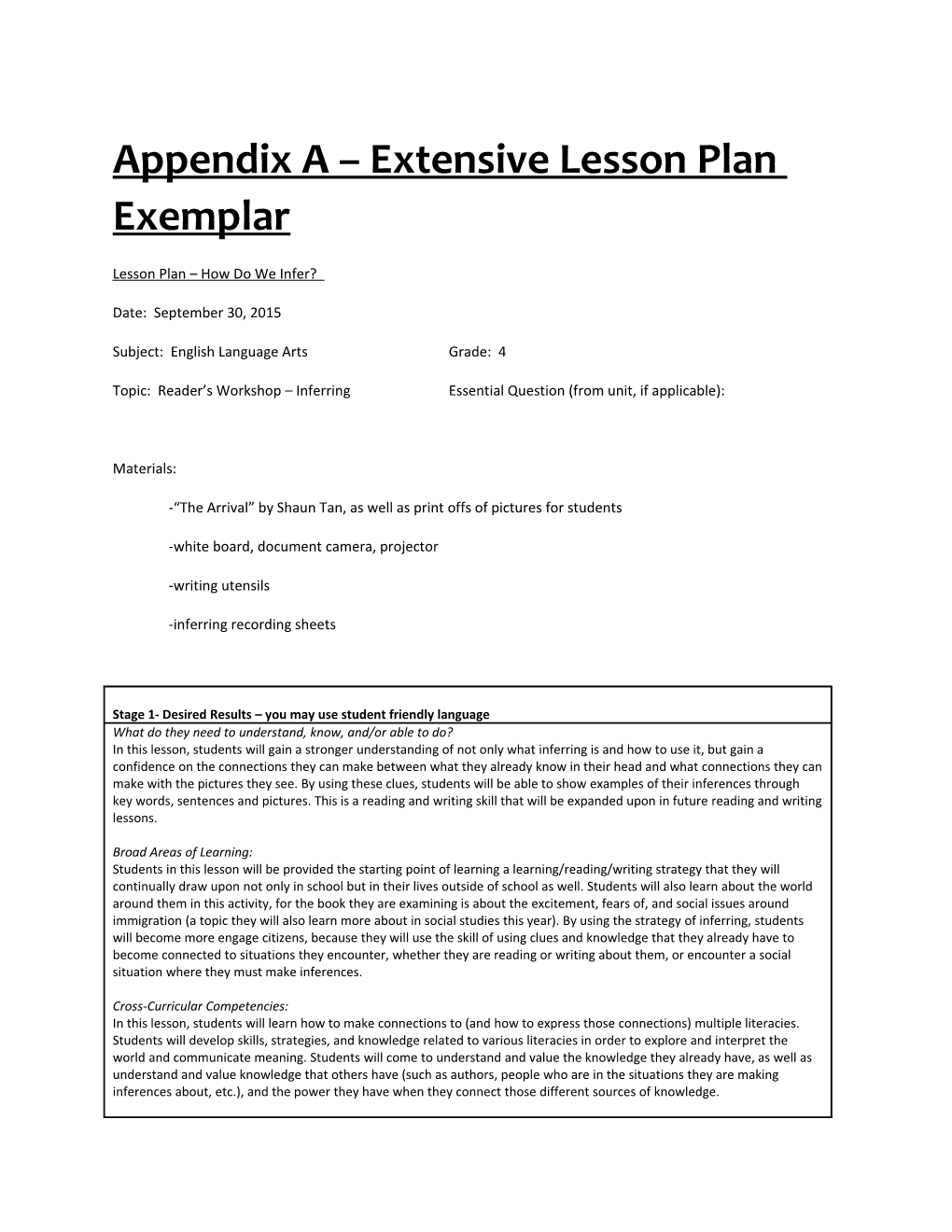 Appendix a Extensive Lesson Plan Exemplar