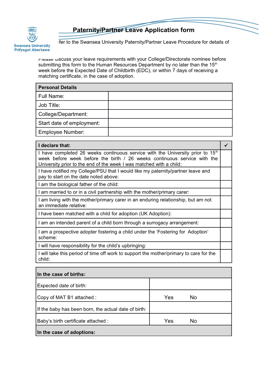 Paternity/Partner Leave Application Form