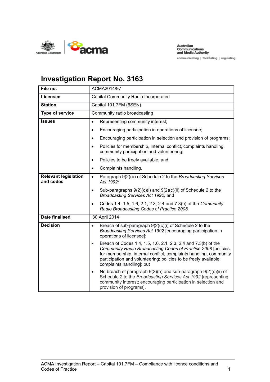 6SEN - ACMA Investigation Report 3163