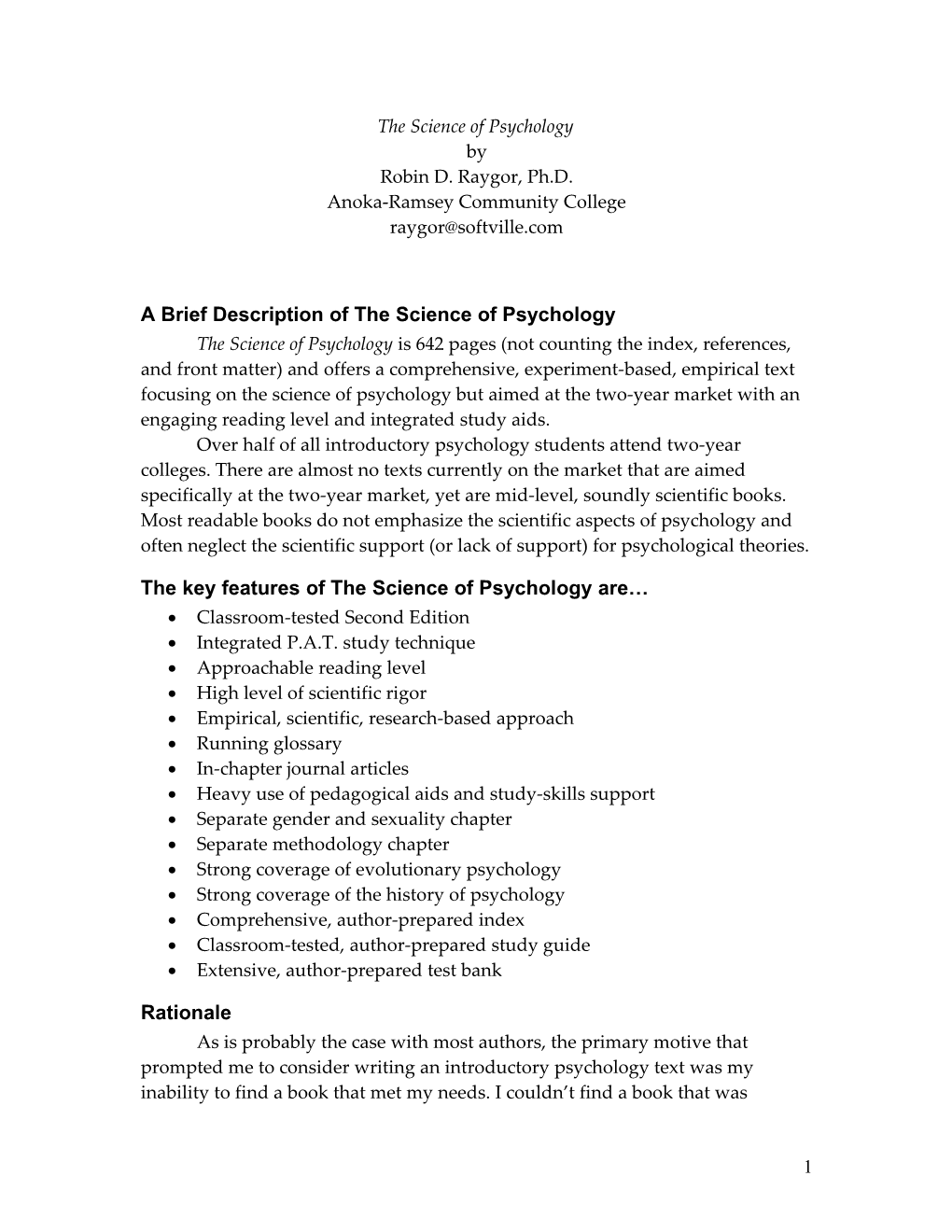 A Brief Description of the Science of Psychology
