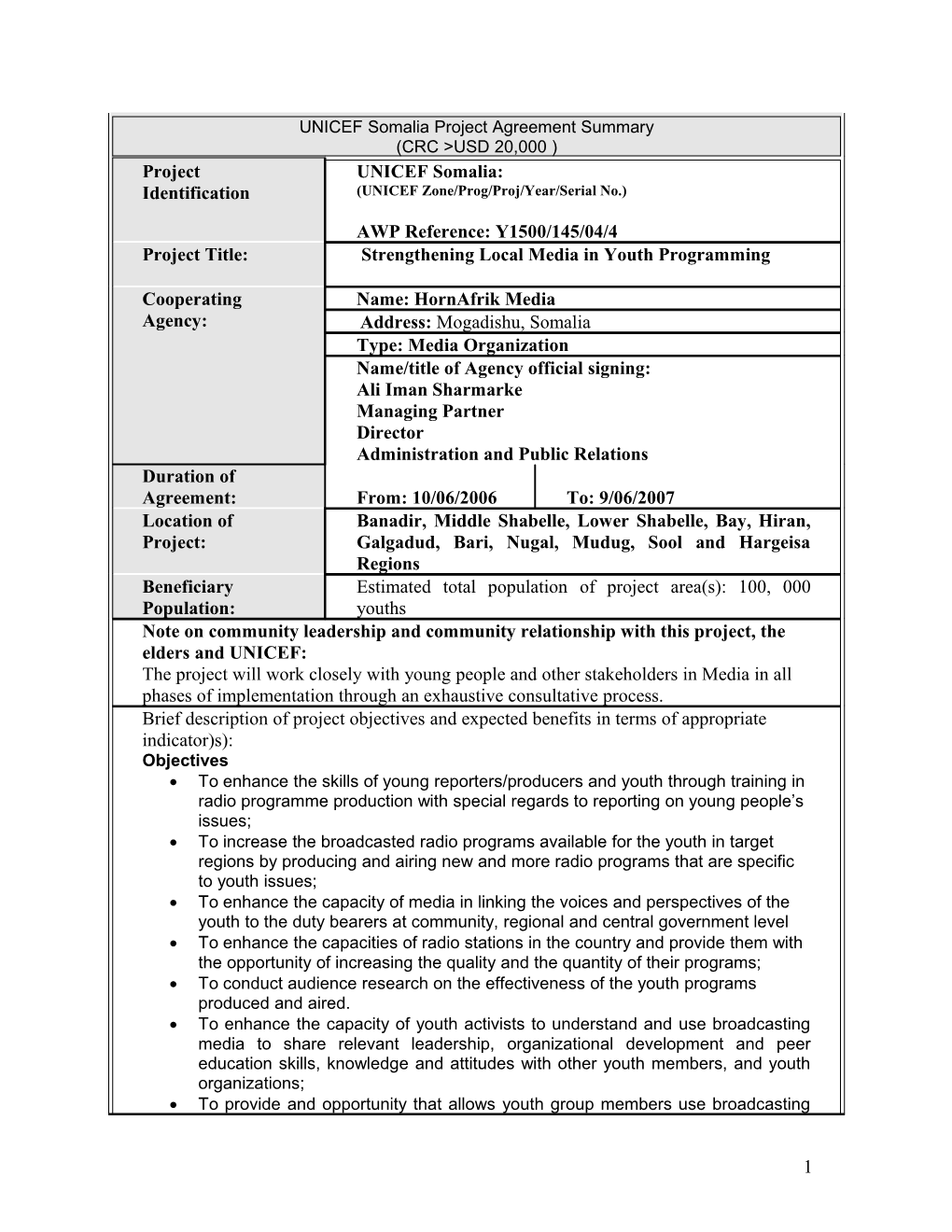 Project Cooperation Agreement (PCA)