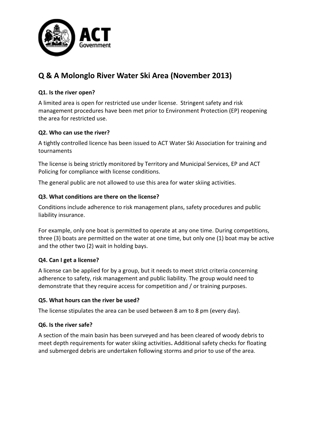 Q & a Molonglo River Water Ski Area