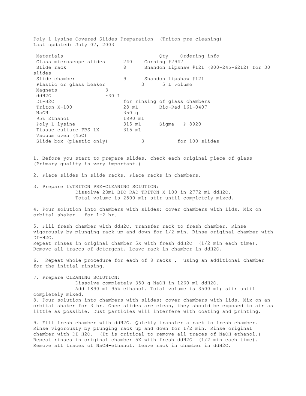 Poly-L-Lysine Covered Slides Preparation (Triton Pre-Cleaning)