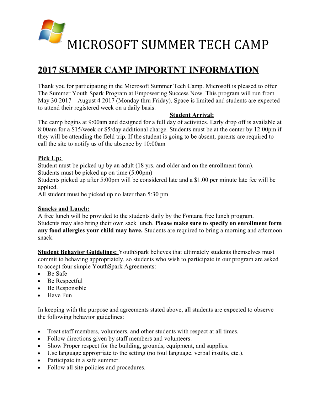 2017 Summer Camp Importnt Information