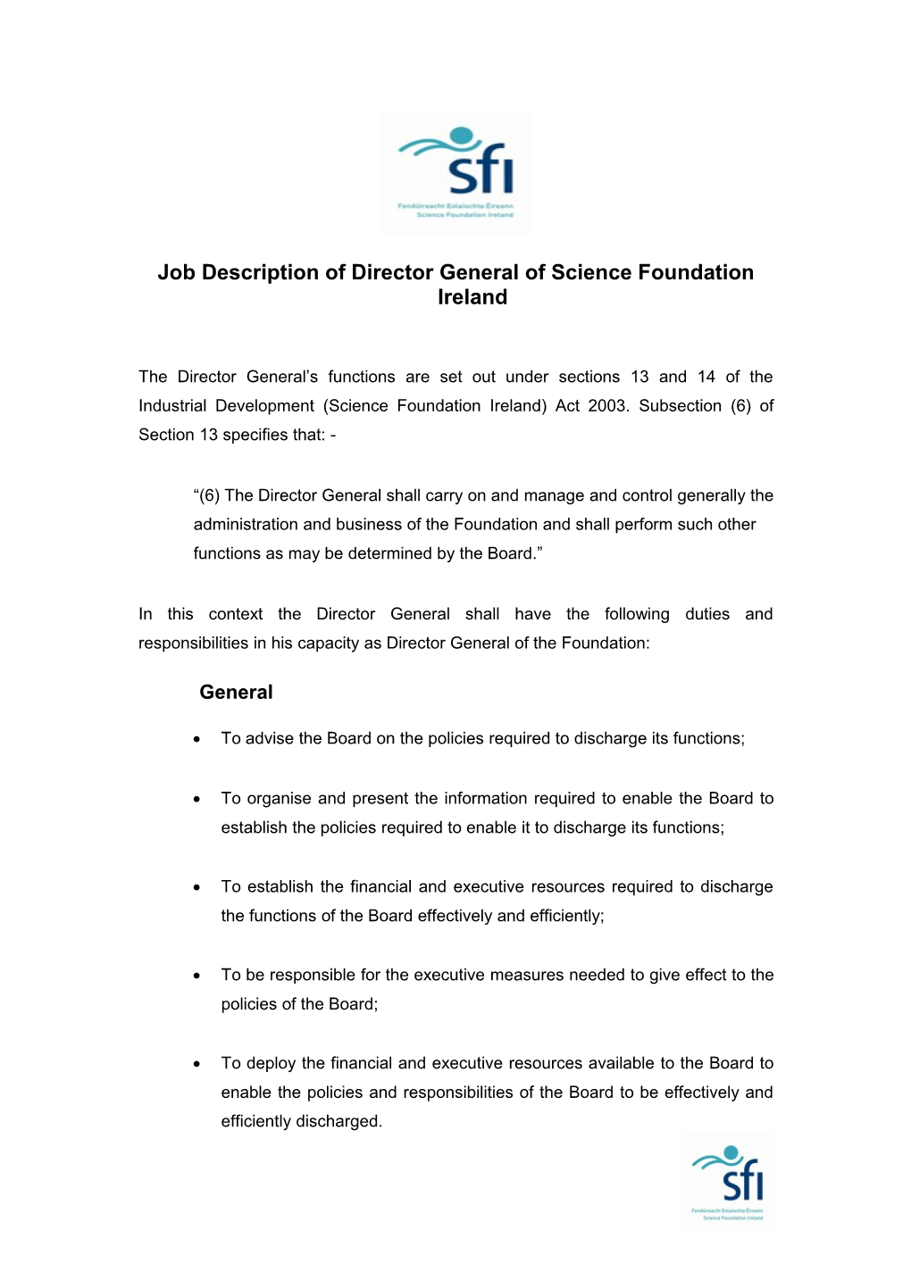 Job Description Director General of Science Foundation Ireland