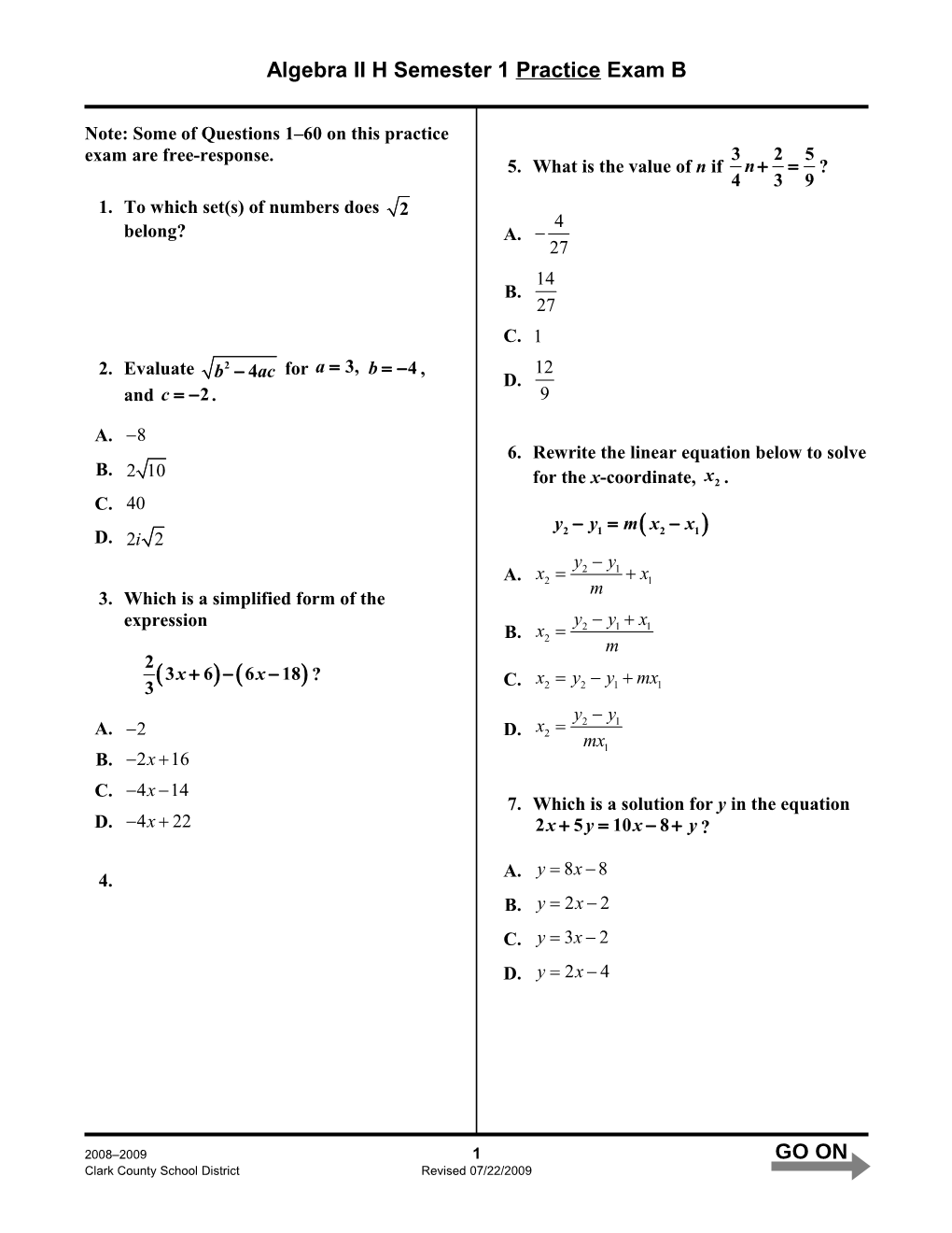 Algebra II H Semester 1 Practice Exam B
