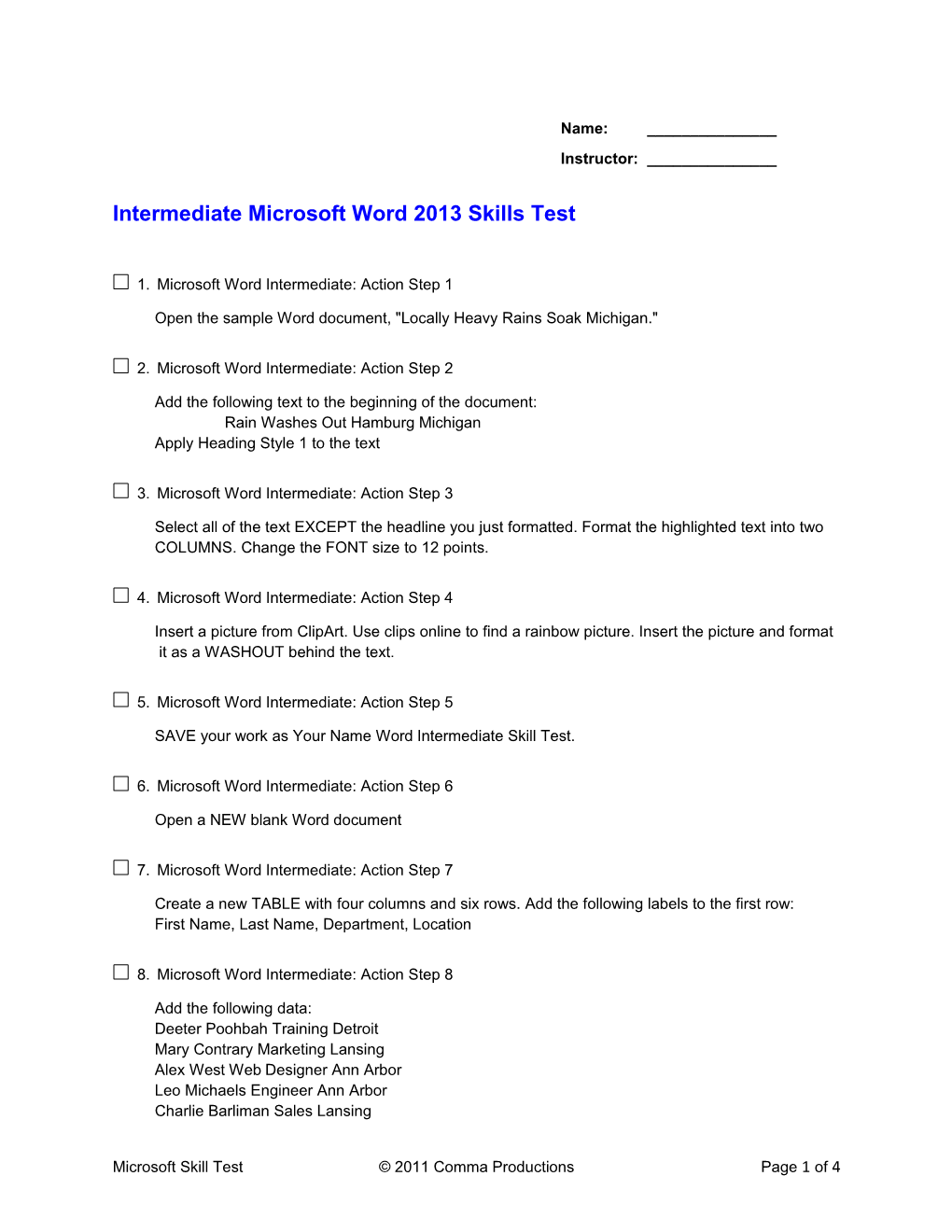 Intermediate Microsoft Word 2013 Skills Test