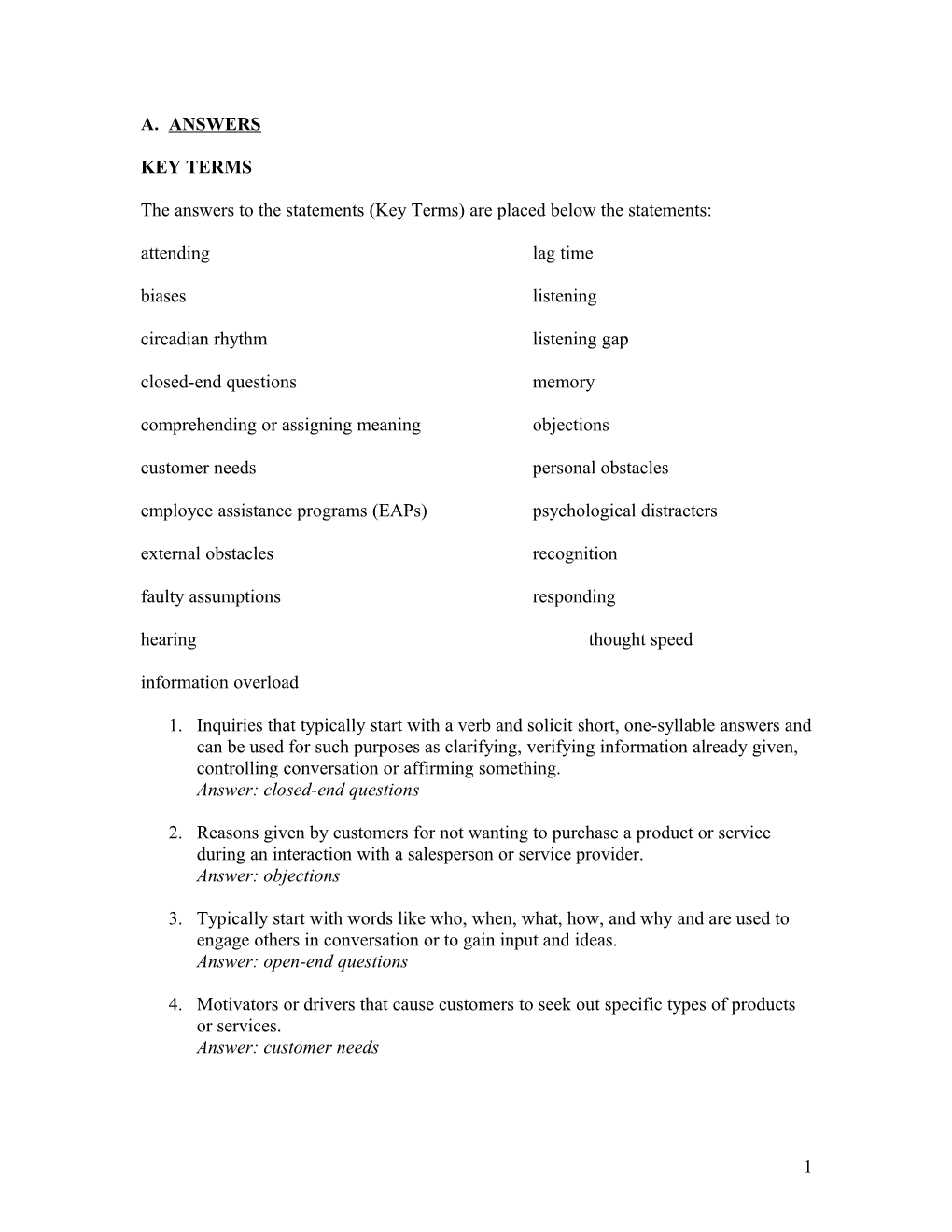 The Answers to the Statements (Key Terms) Are Placed Below the Statements