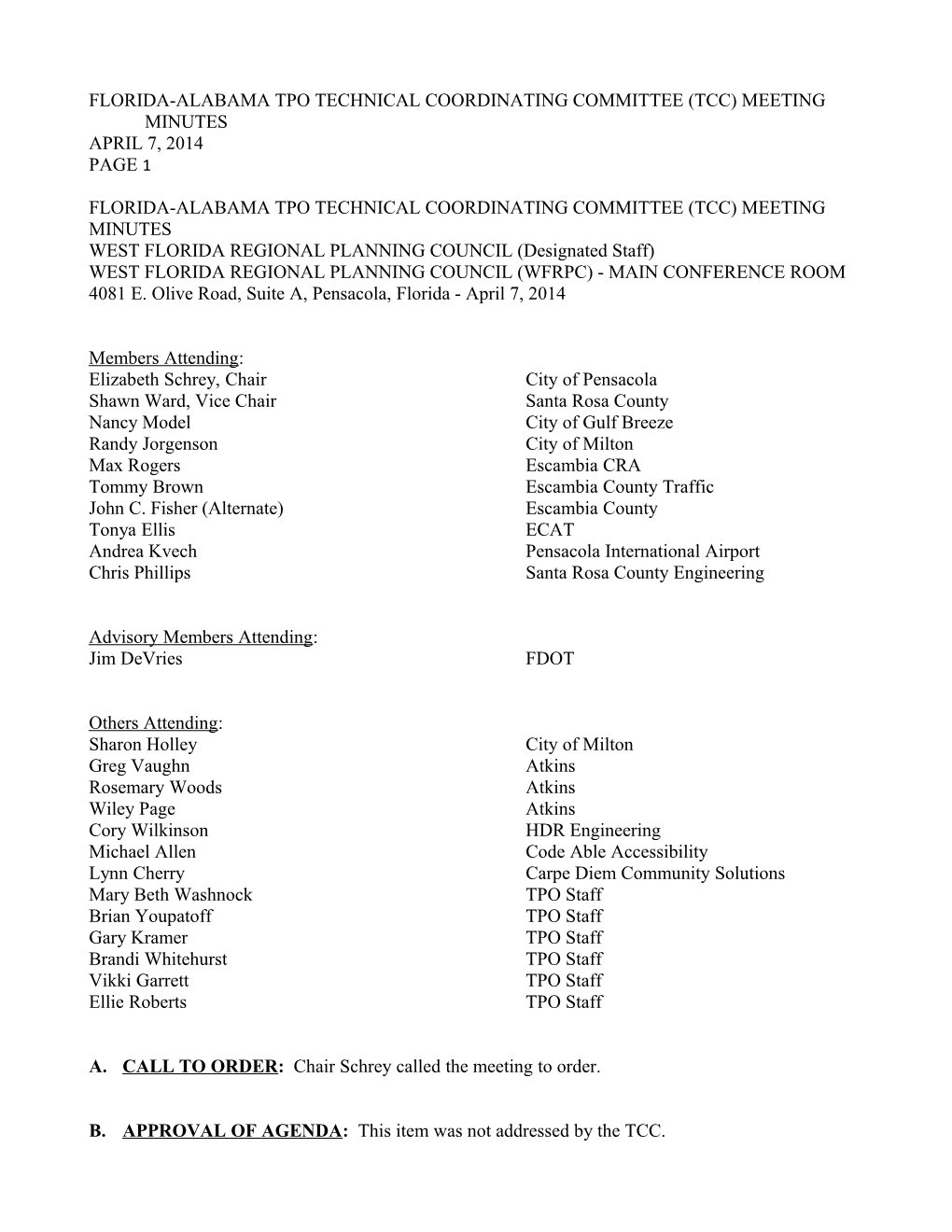 Florida-Alabama Tpo Technical Coordinating Committee (Tcc) Meeting Minutes