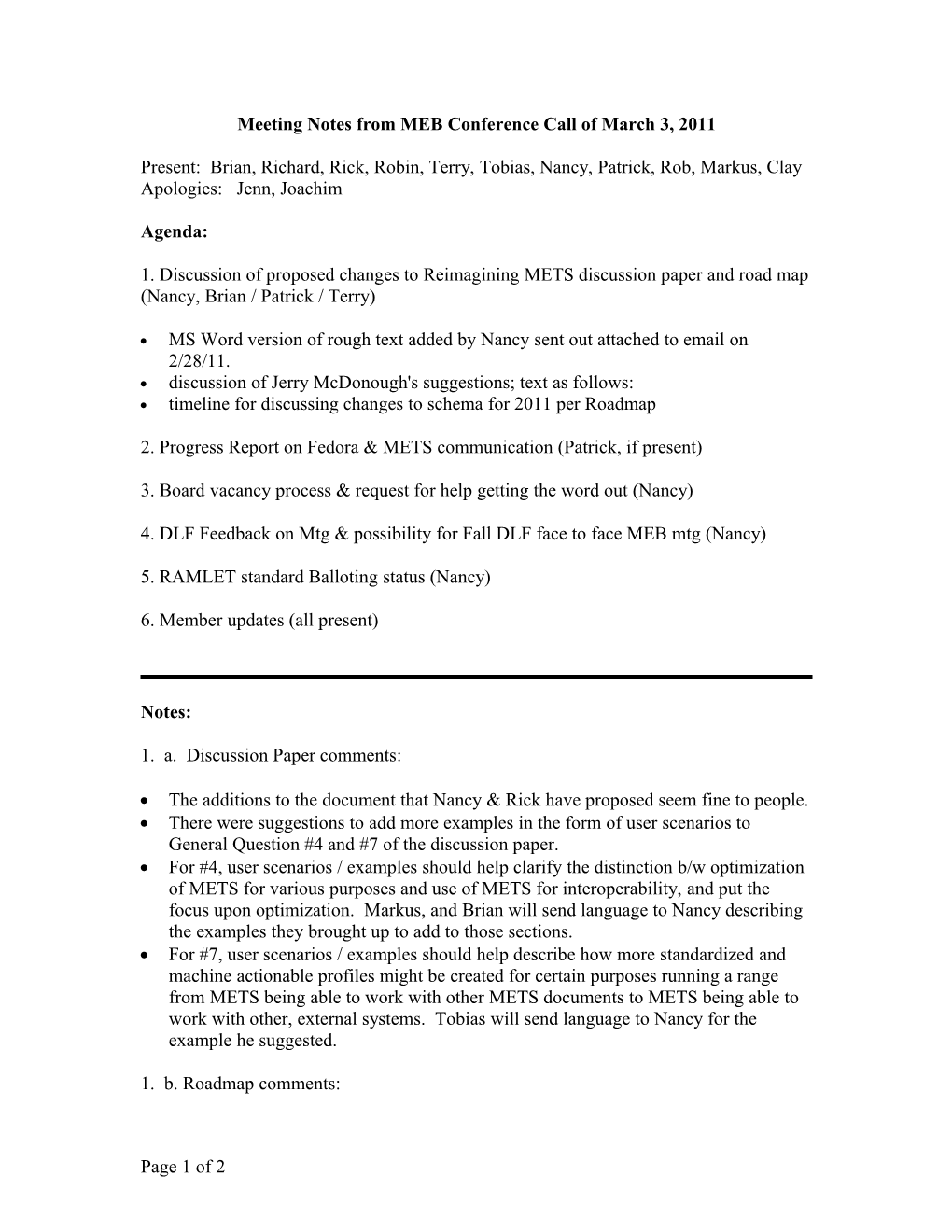 Meeting Notes from MEB Conference Call of January 27, 2011