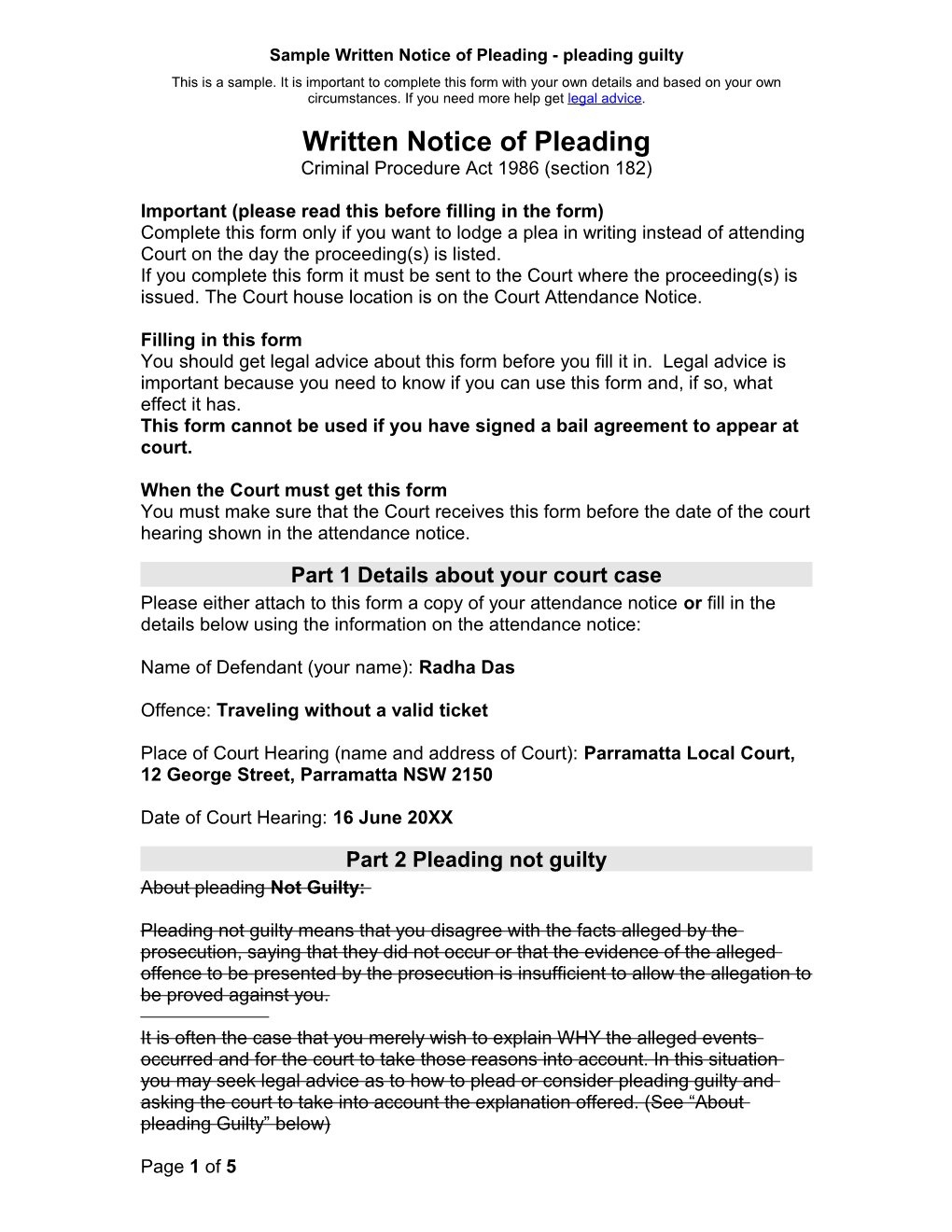 Written Notice of Pleading Form