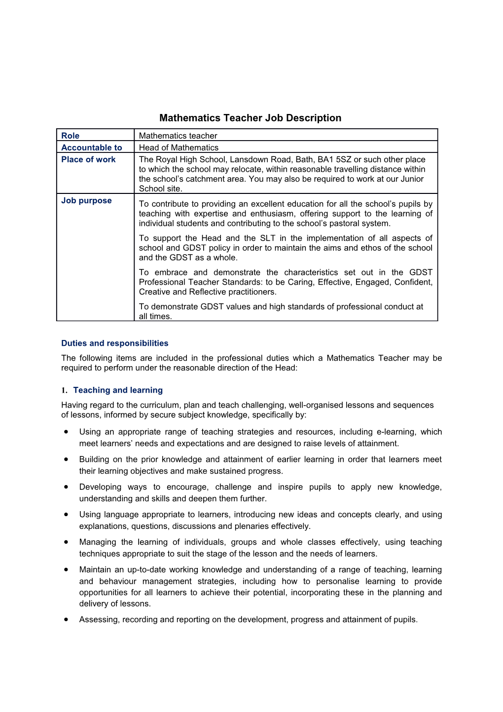 Mathematics Teacherjob Description