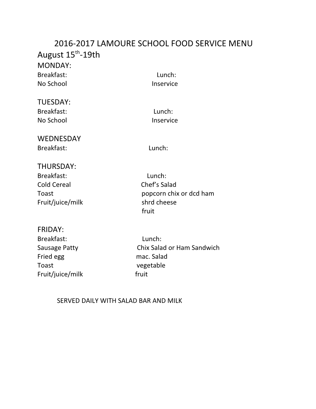 2016-2017 Lamoure School Food Service Menu