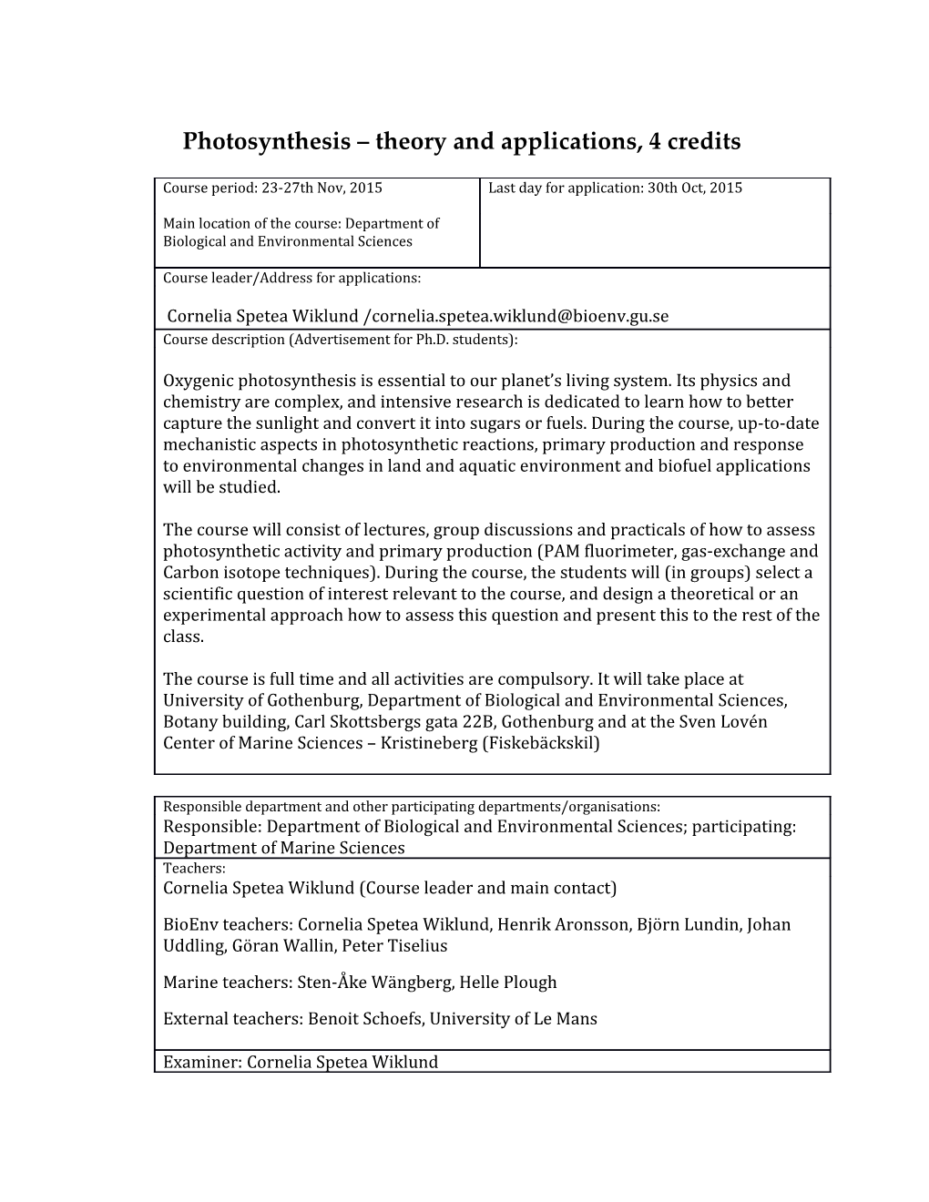 Photosynthesis Theory and Applications, 4 Credits