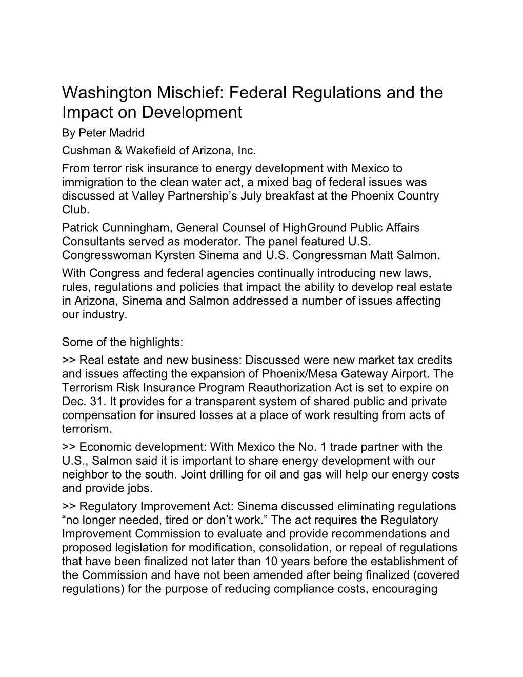 Washington Mischief: Federal Regulations and the Impact on Development