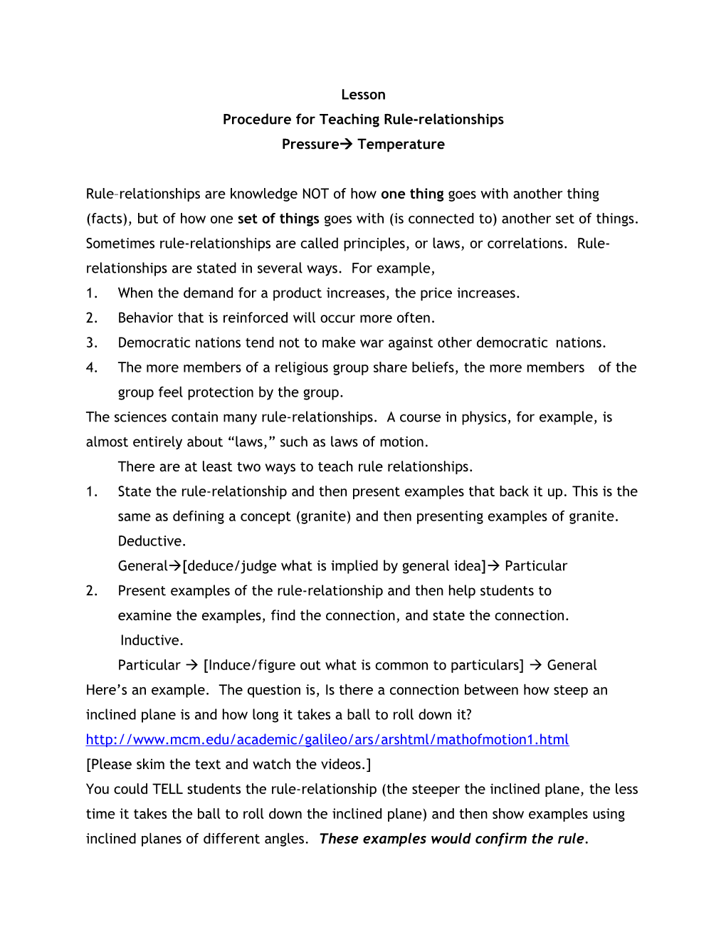 Procedure for Teaching Rule-Relationships Pressure Temperature