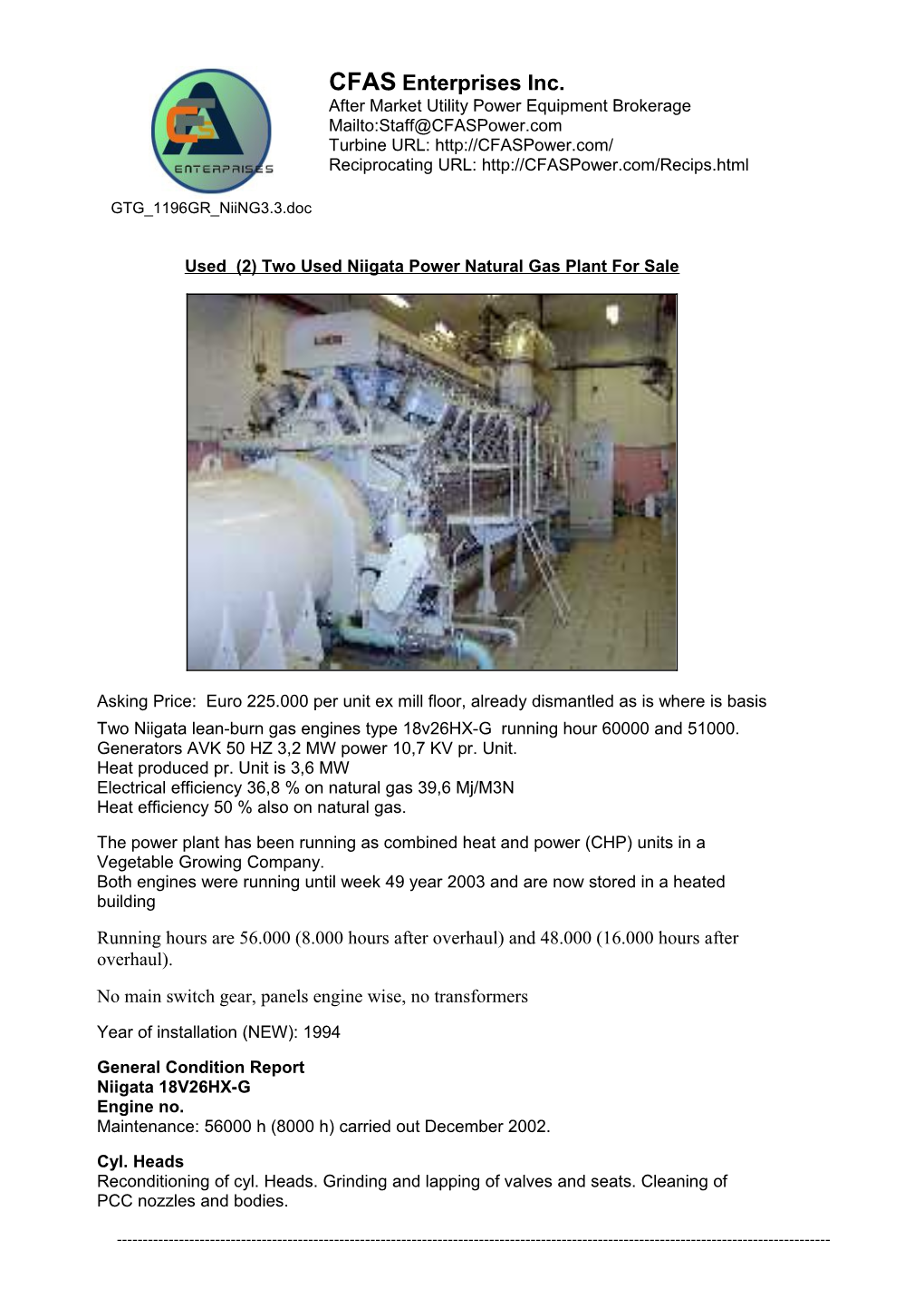 Used (2) Two Used Niigata Power Natural Gas Plant for Sale